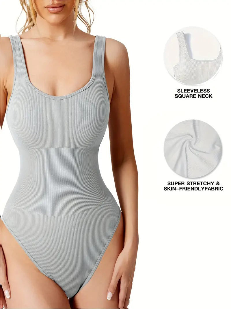 Women's Shapewear Bodysuits Sexy Ribbed Sleeveless Square Neck Tank Tops - By Qivii