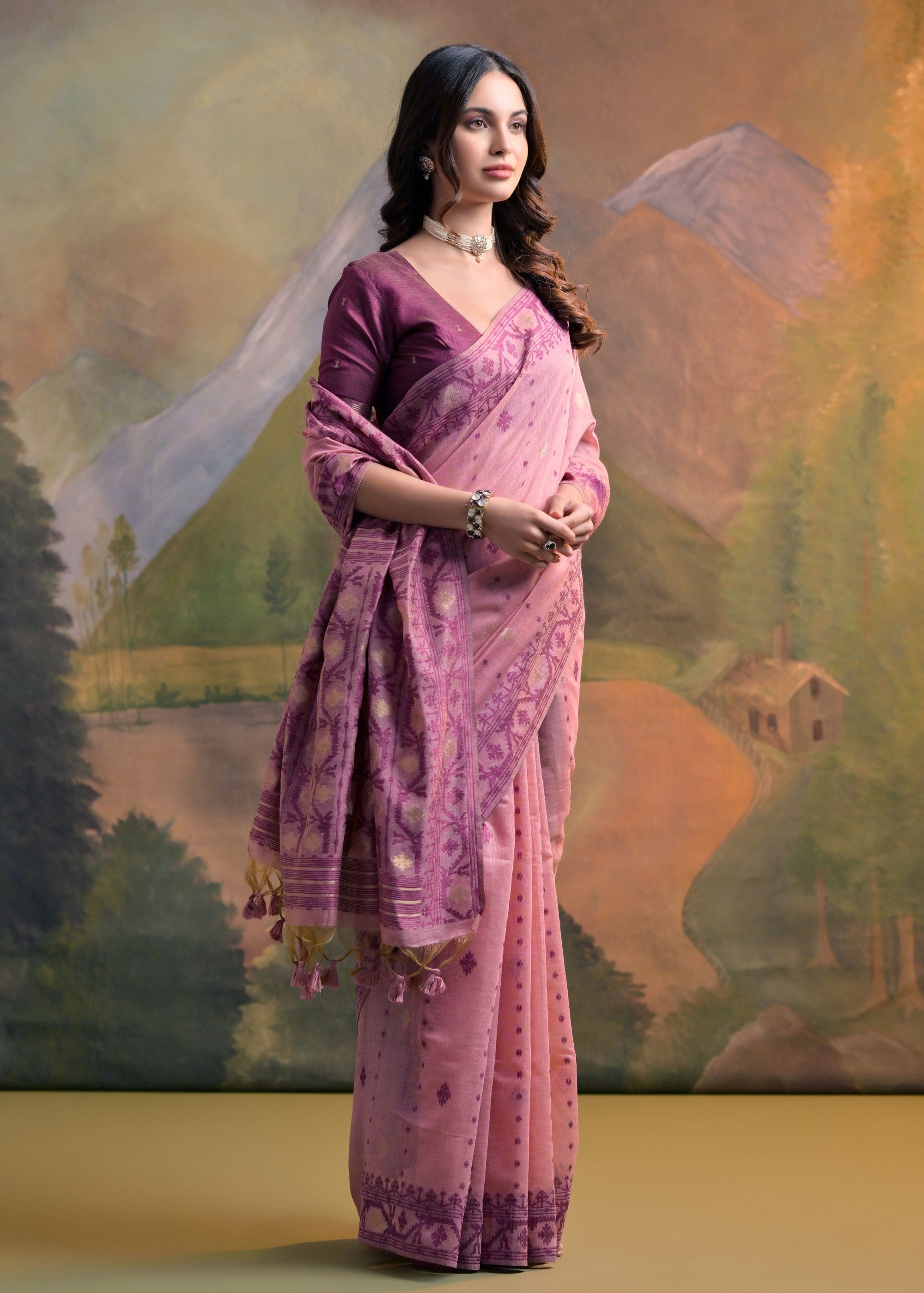 Blush Pink Thread Woven Cotton Saree With All Over Butti - qivii