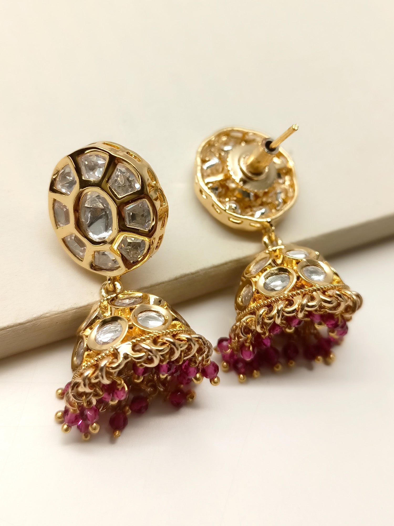 Layla Majenta Kundan Jhumki - Traditional Indian earrings with intricate pink and gold details