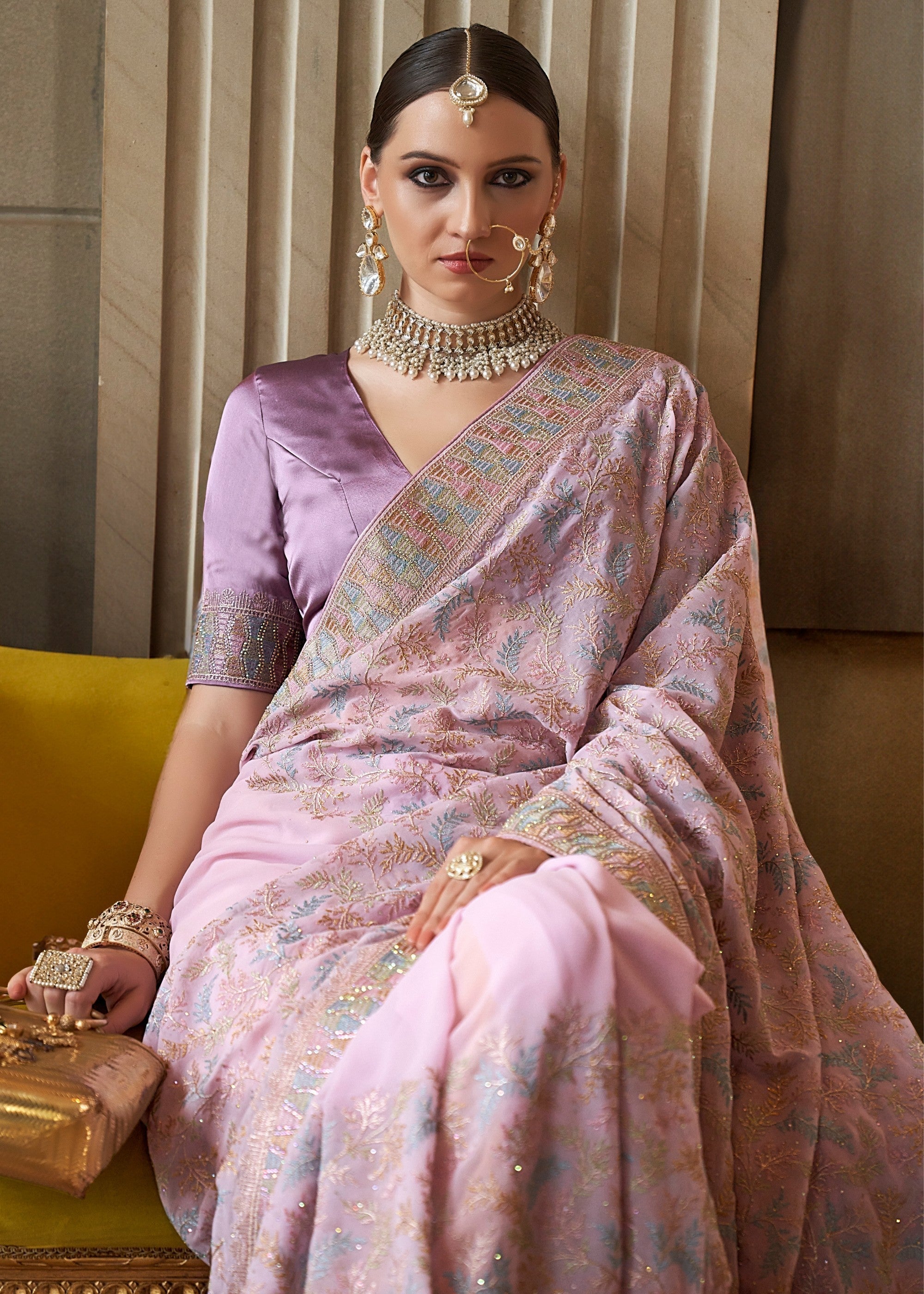 Lilac Purple Fancy Tissue Saree With Unique Work And Designer Blouse - qivii