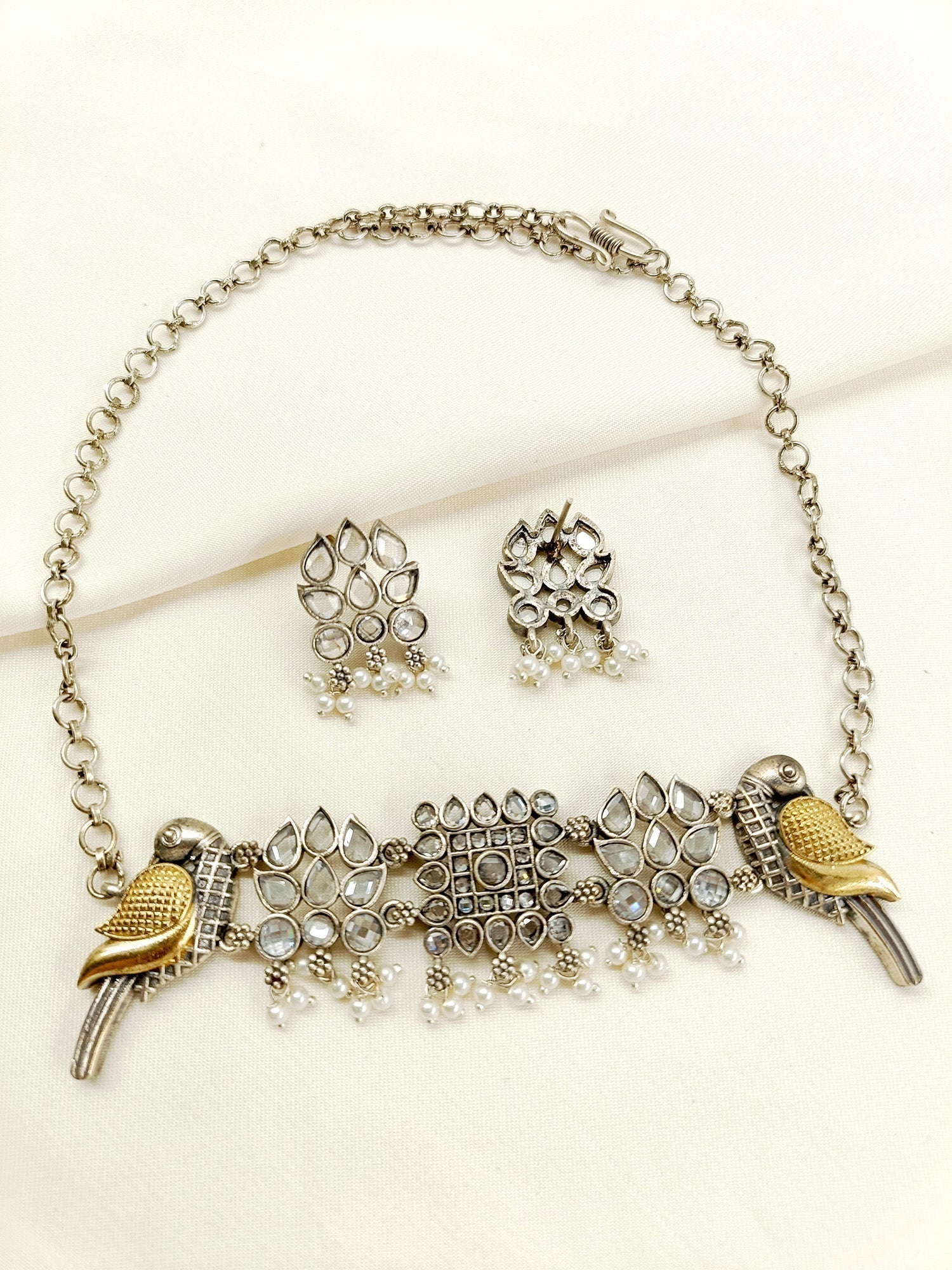 Becky White Peacock Oxidized Choker Set - qivii