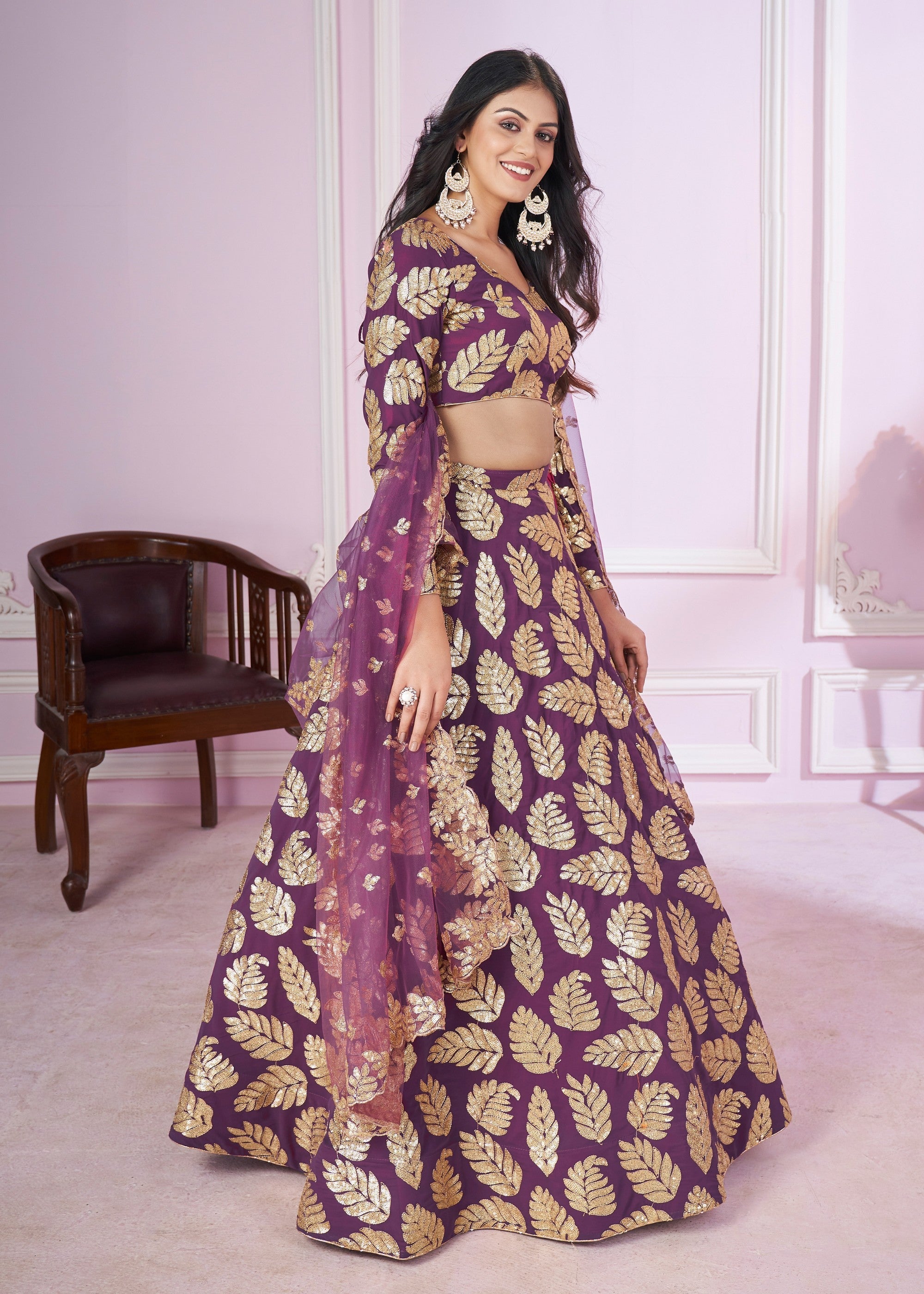 Royal Purple Georgette Lehenga Choli With Sequins And Thread Embroidery Work | Ready To Wear - qivii