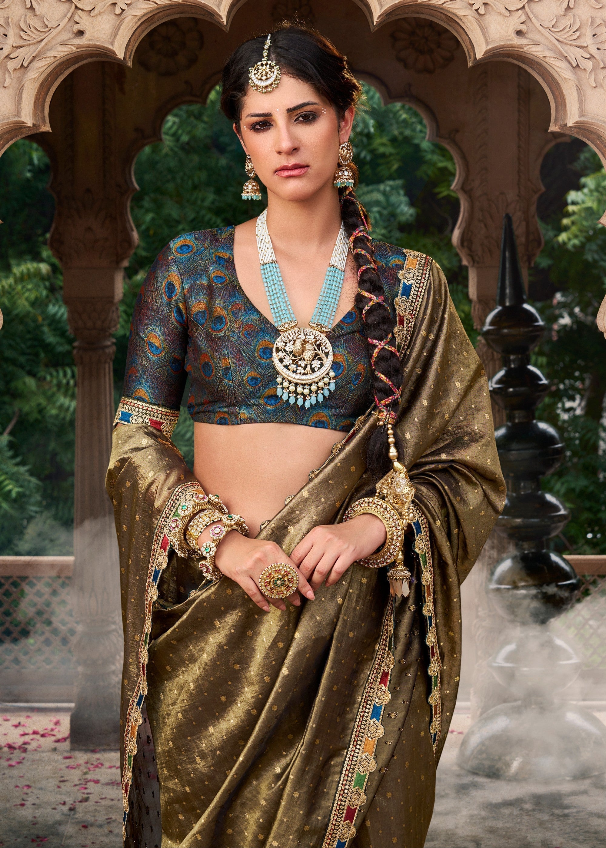 Army Green Tissue Silk Saree With Multicolored Lace & Designer Blouse - qivii