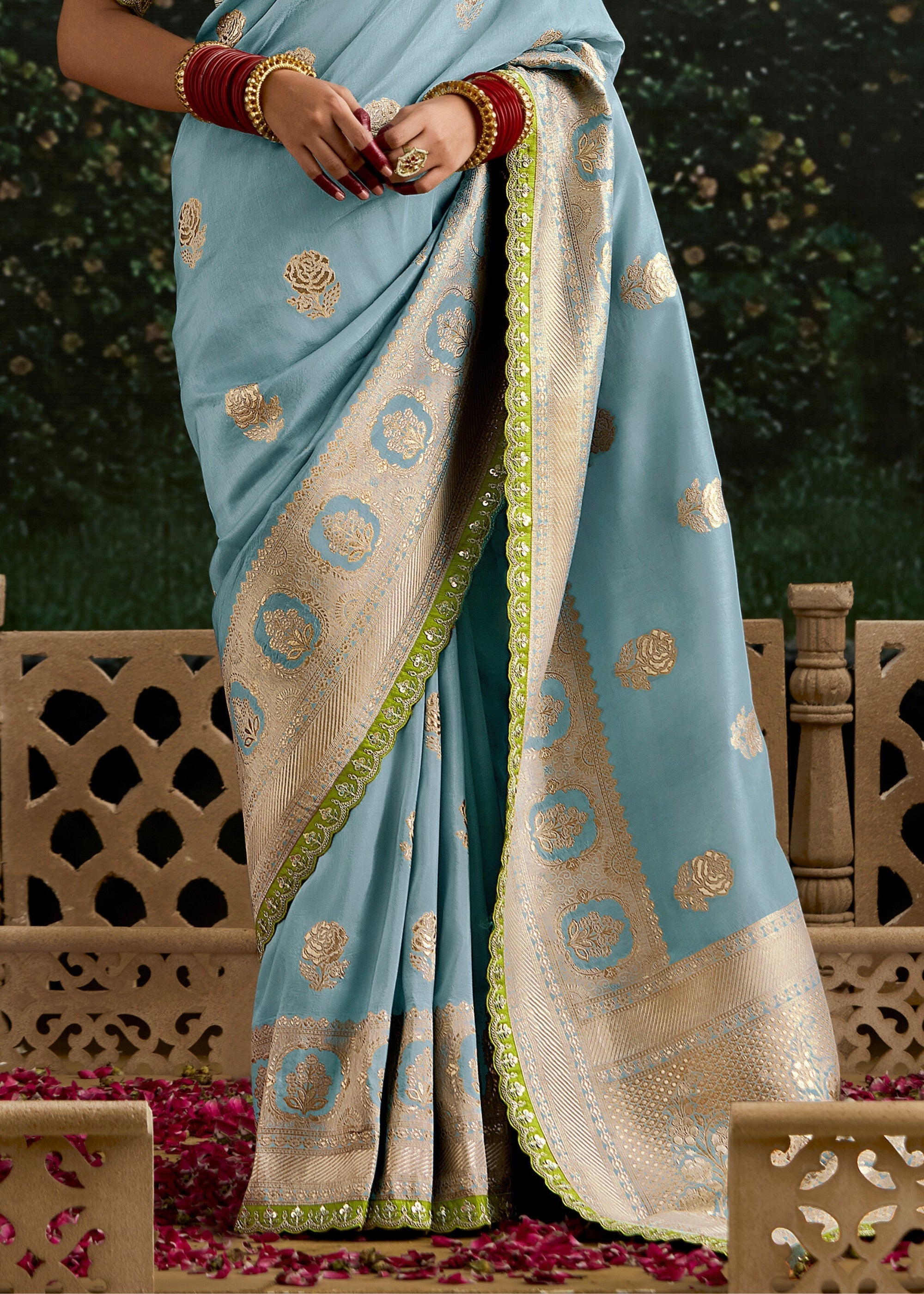 Sky-blue and Lime-green Viscose silk Saree with Zari work - qivii