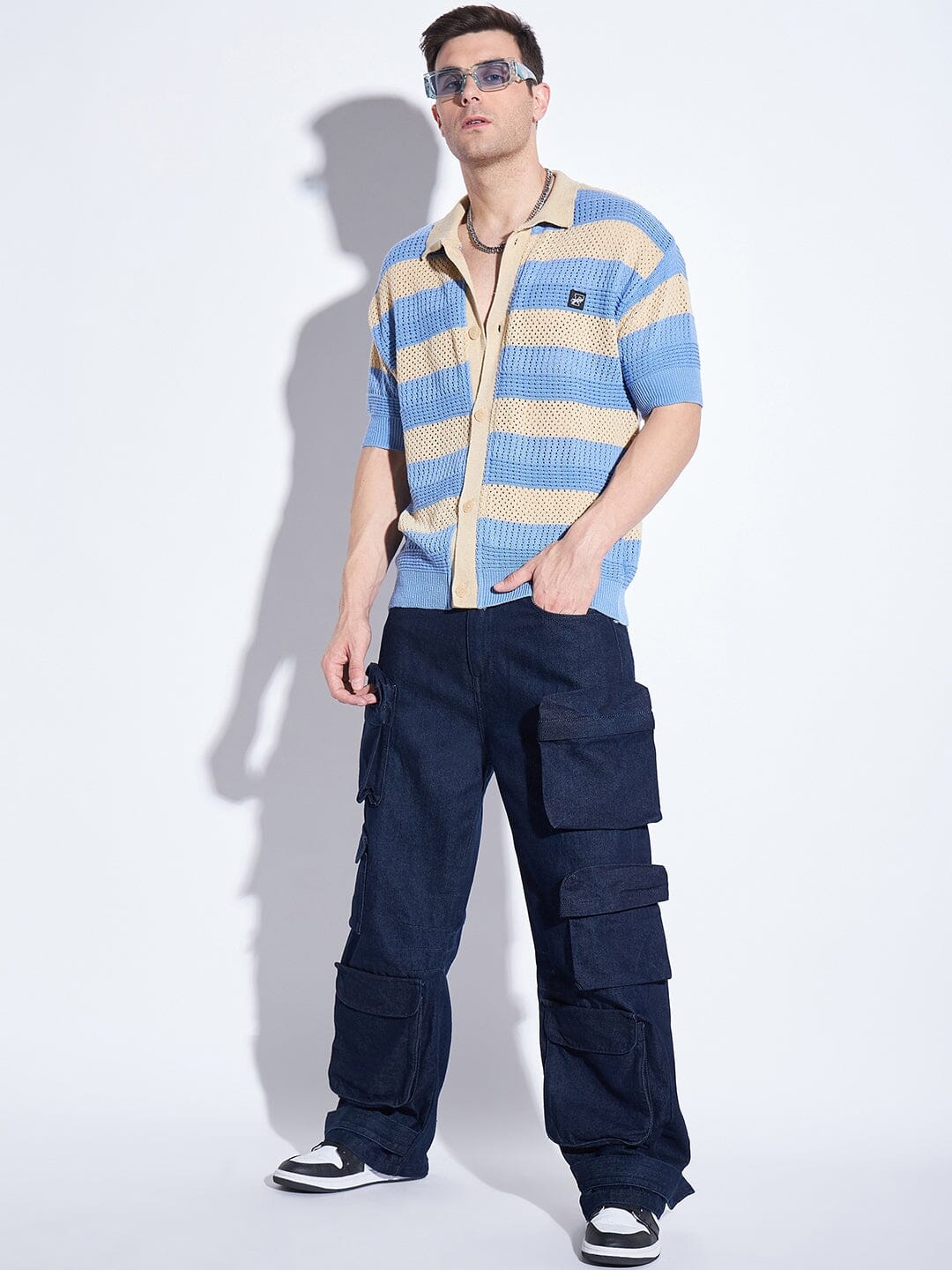 Blue & Beige Striped Crochet Shirt - qivii