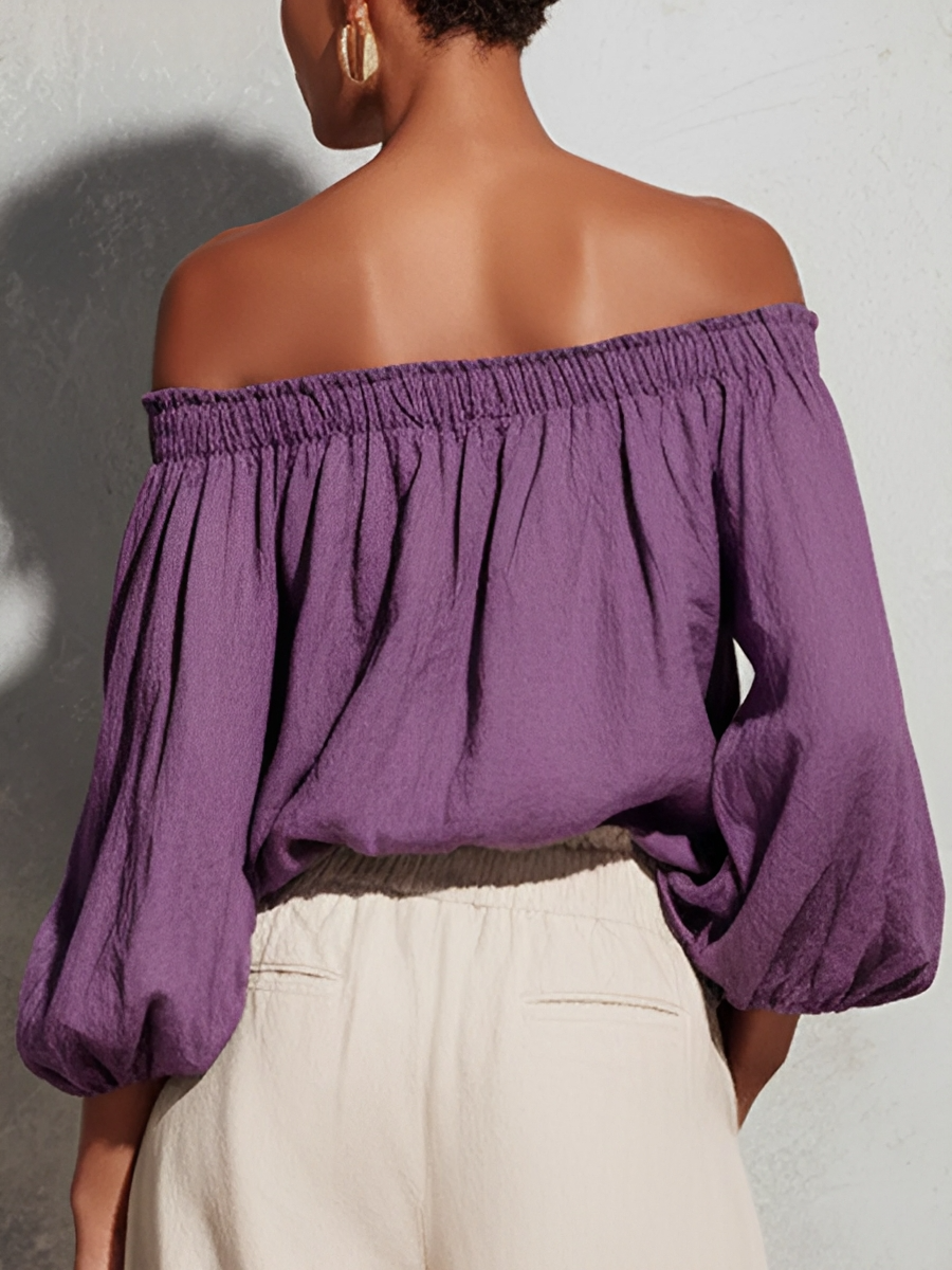 Women's Casual Style Purple Cotton And Linen Off-shoulder Long Lantern Sleeve Top MDZ0697E3GMJ