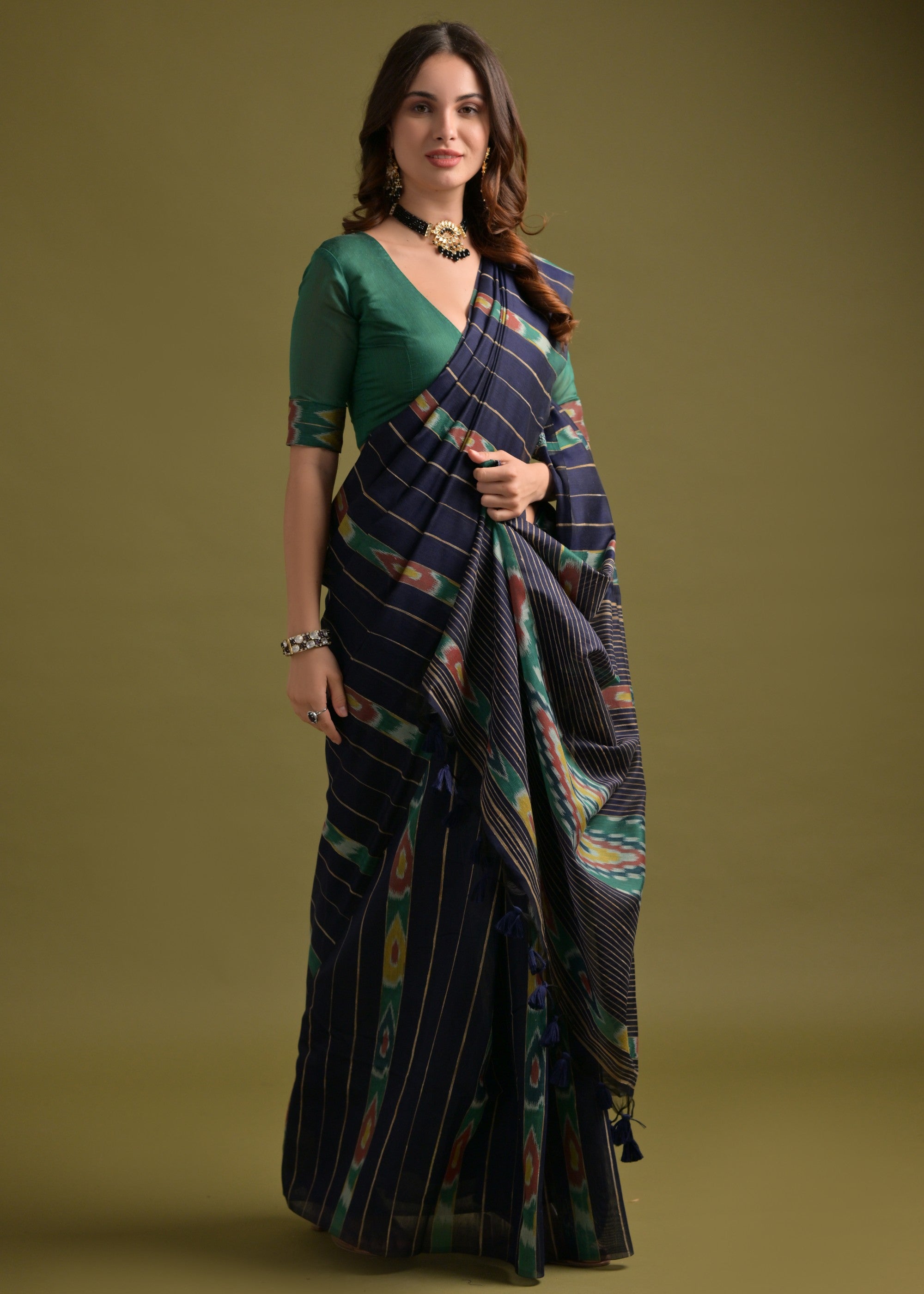 Indigo Blue Soft Ikkat Cotton Printed Saree - qivii