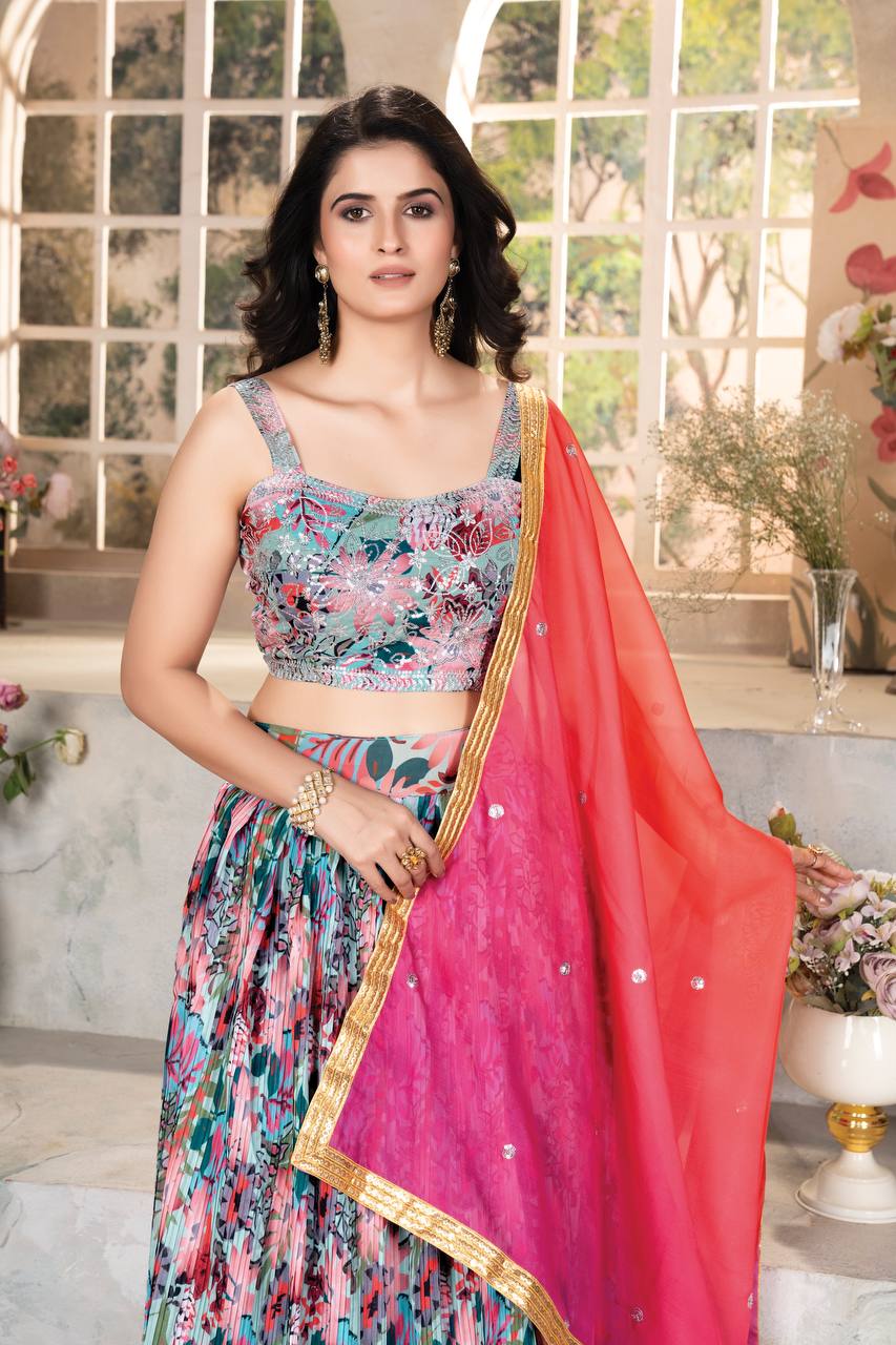 MULTI COLOR SOFT TABBY ORGENZA WITH DIGITAL PRINT WITH CRUISE PATTERN DESIGNE WORKLEHENGA - INSPIRED | Ready To Wear - qivii