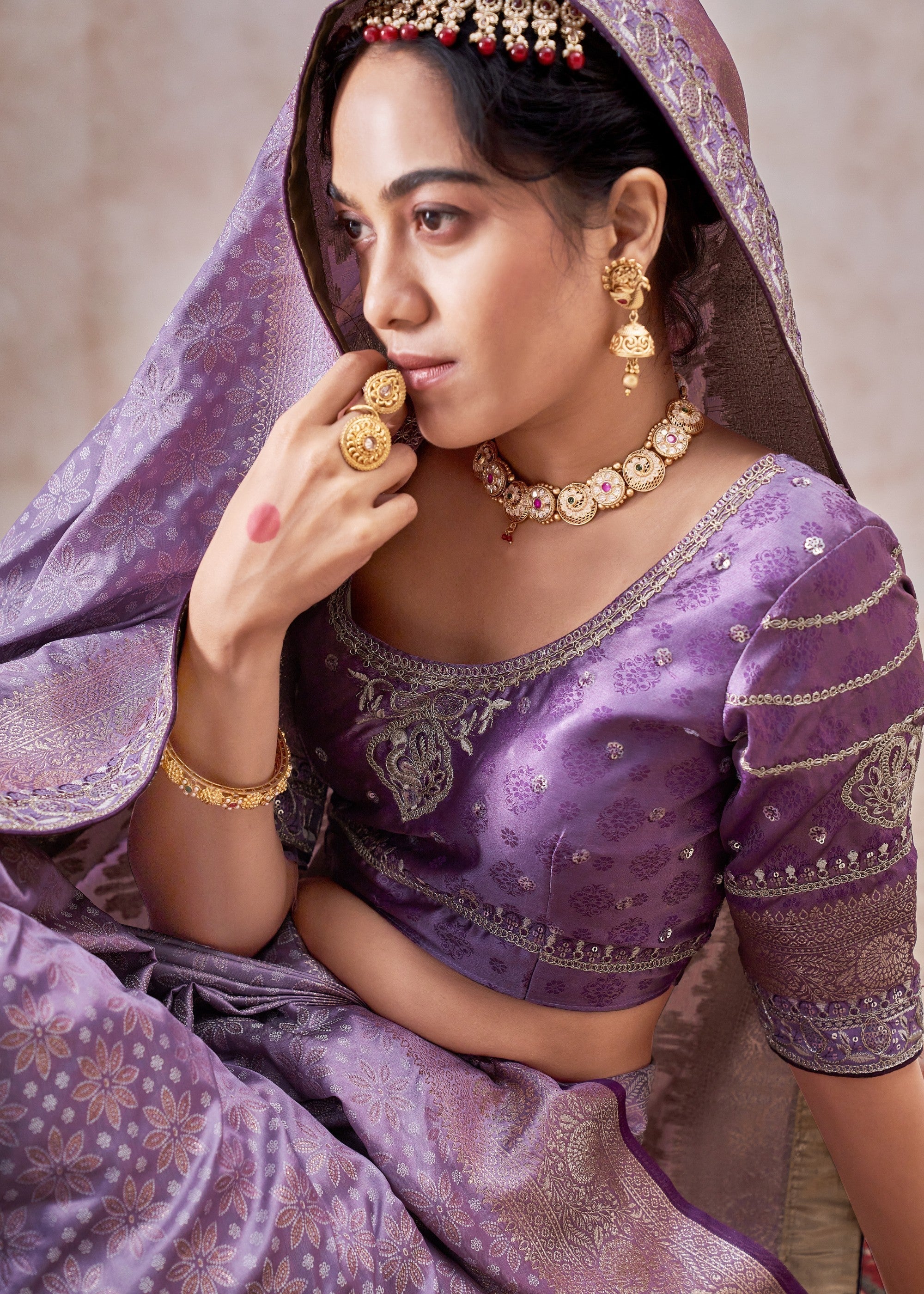 Dark Purple Satin Silk Saree With Heavy Embroidery Lace & Blouse - qivii
