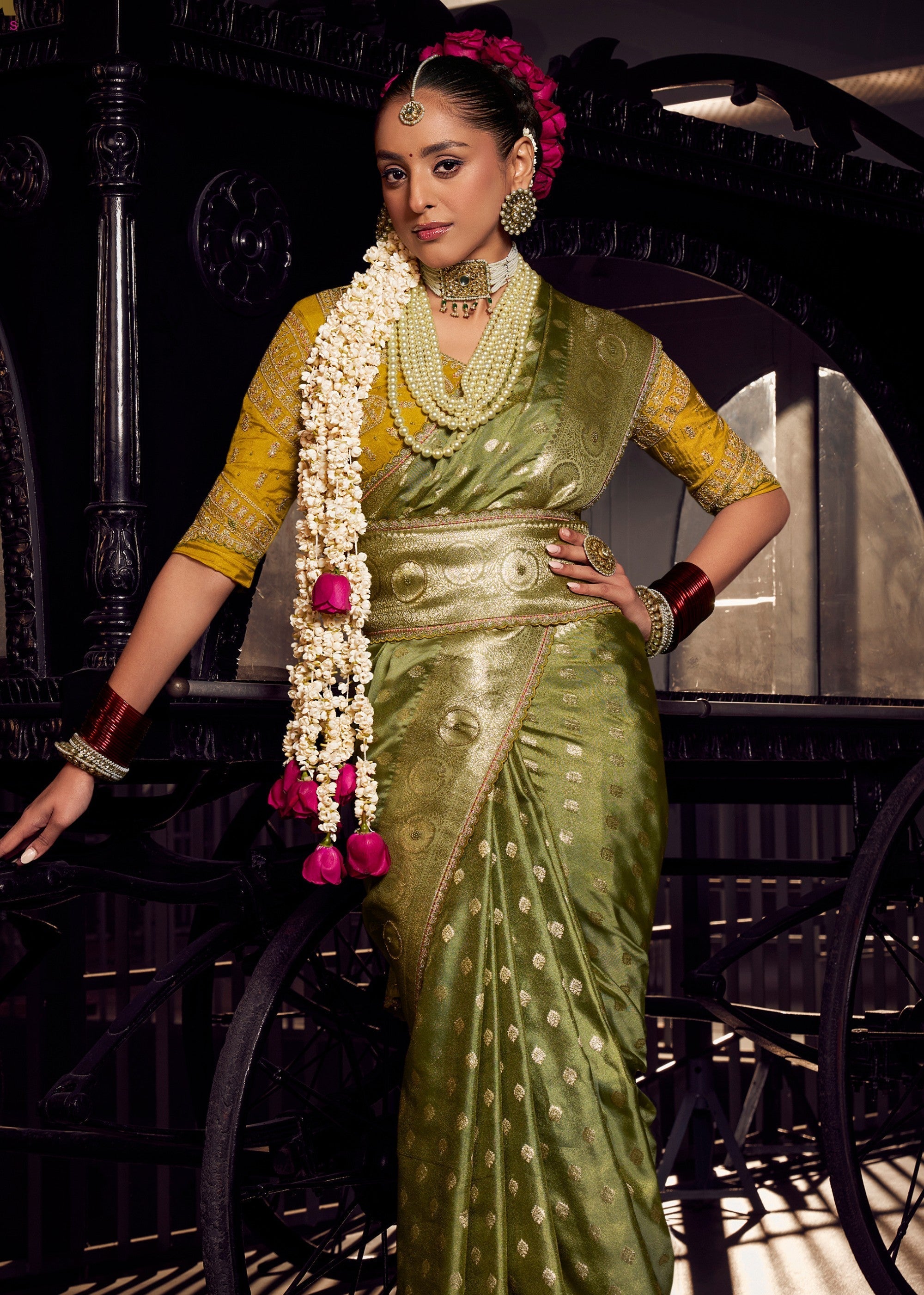 Green Viscose Tissue Silk Saree with Handworked Pallu And Contrast Designer Blouse - qivii