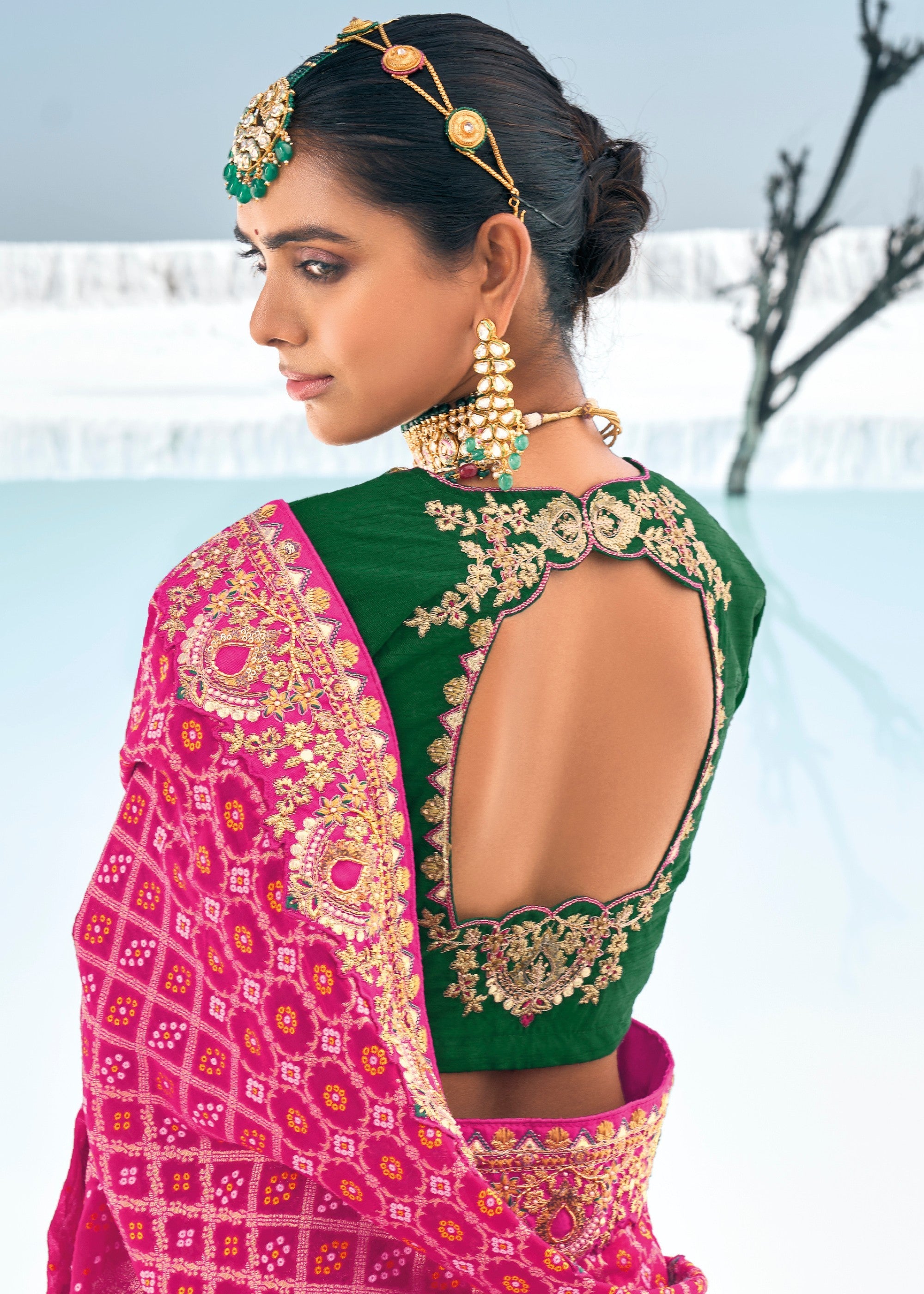 Hot Pink Pure Georgette Bandhani Patola With Zari Weaving Heavy Work Saree - qivii