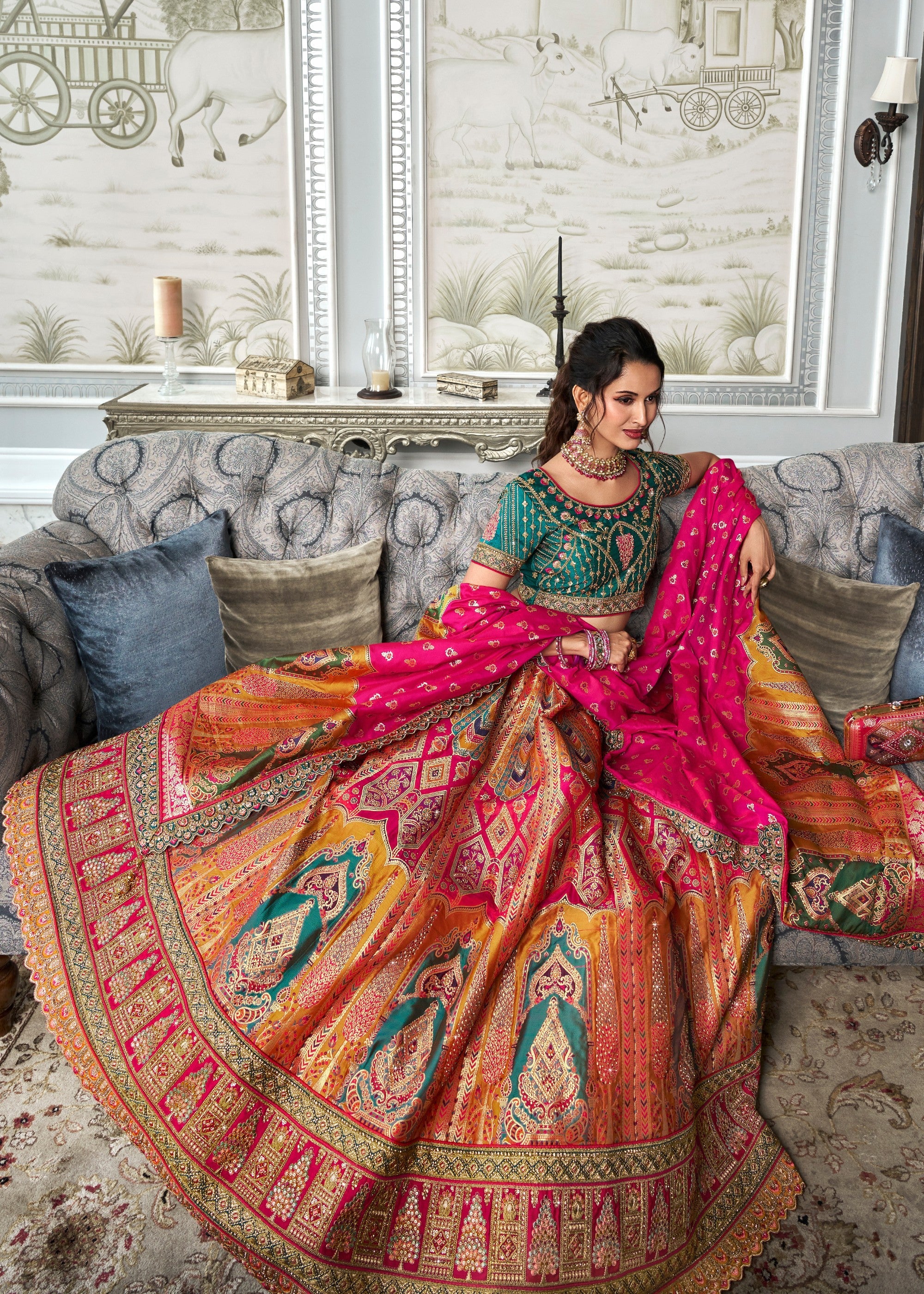 Hot Pink & Green Banarasi Silk Lehenga with Zarkan Codding work | Ready To Wear - qivii