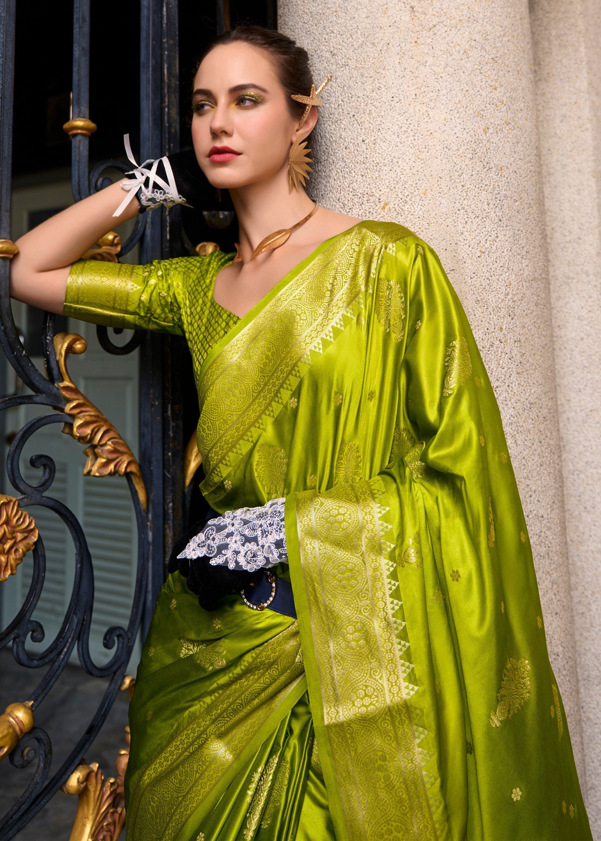 Volt Green Satin Mungha Silk Saree - qivii