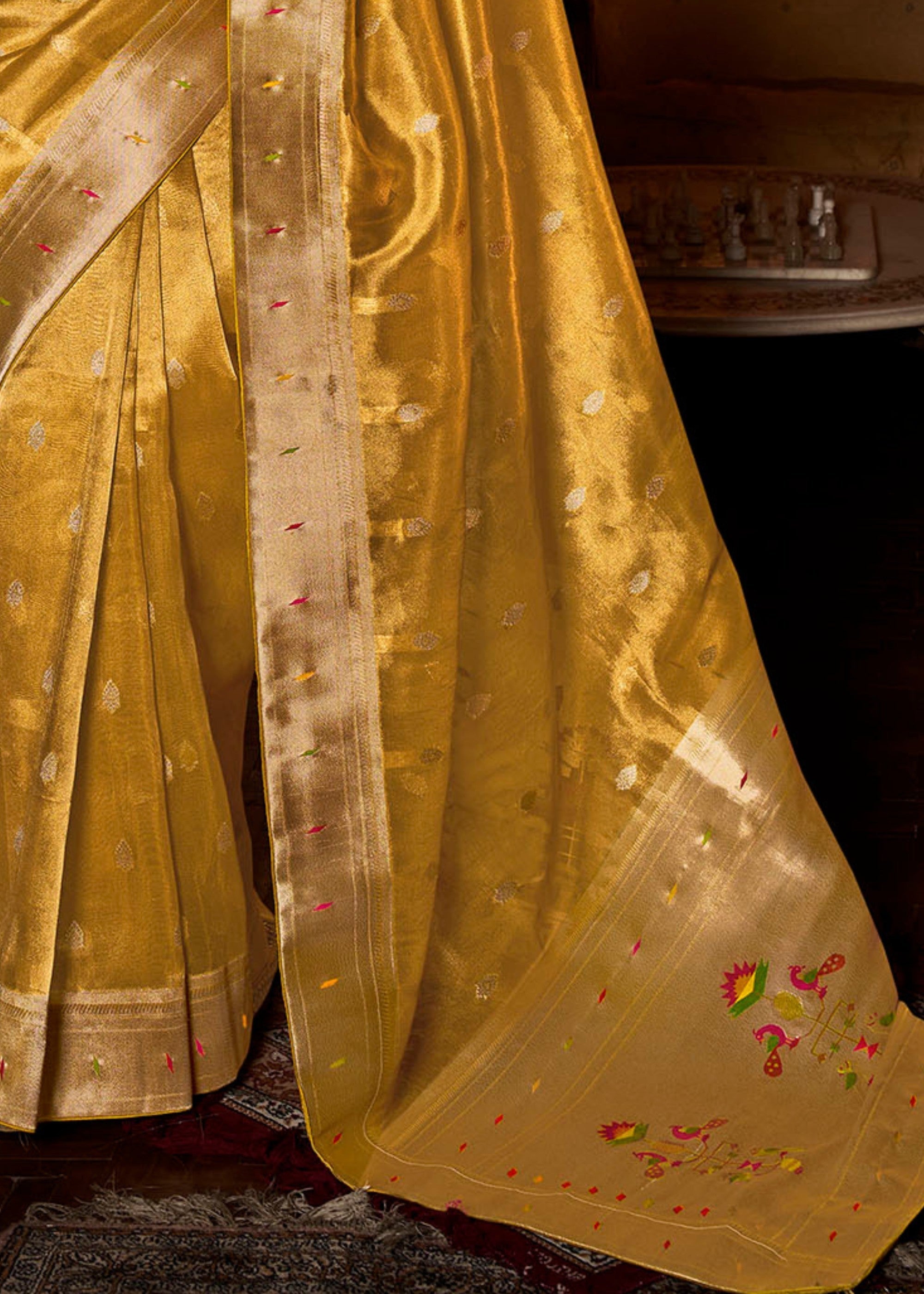 Canary Yellow Pure Tissue Paithani Silk Saree with Heavy Designer Embroidered Blouse - qivii