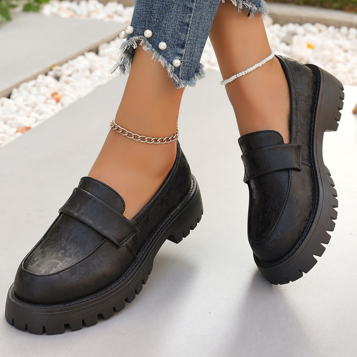 Women's Plus Size Premium Printed Platform Leather Loafers Casual Slip-On with Chunky Heel
