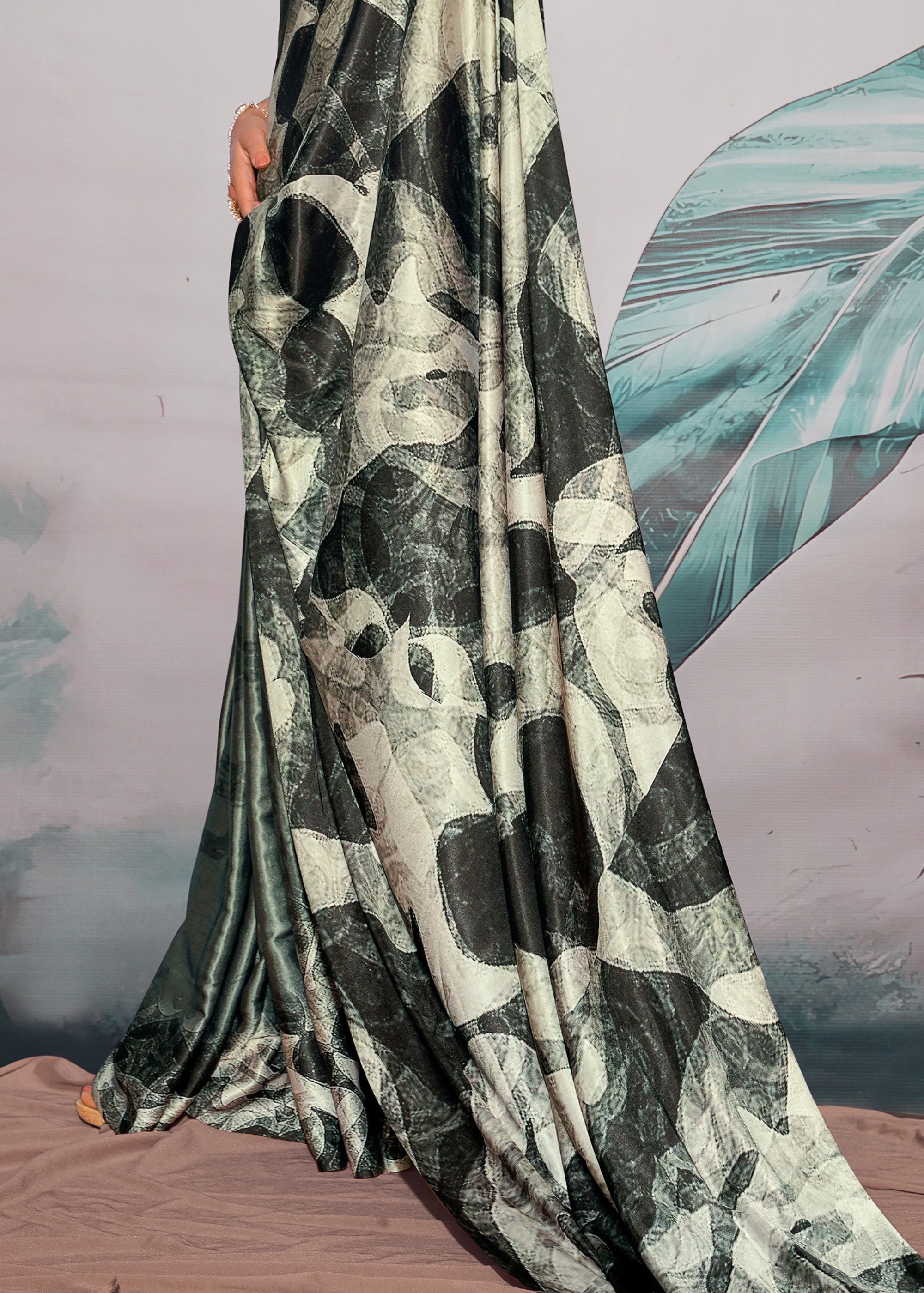 Seaweed Green Satin Crepe With Digital print - qivii