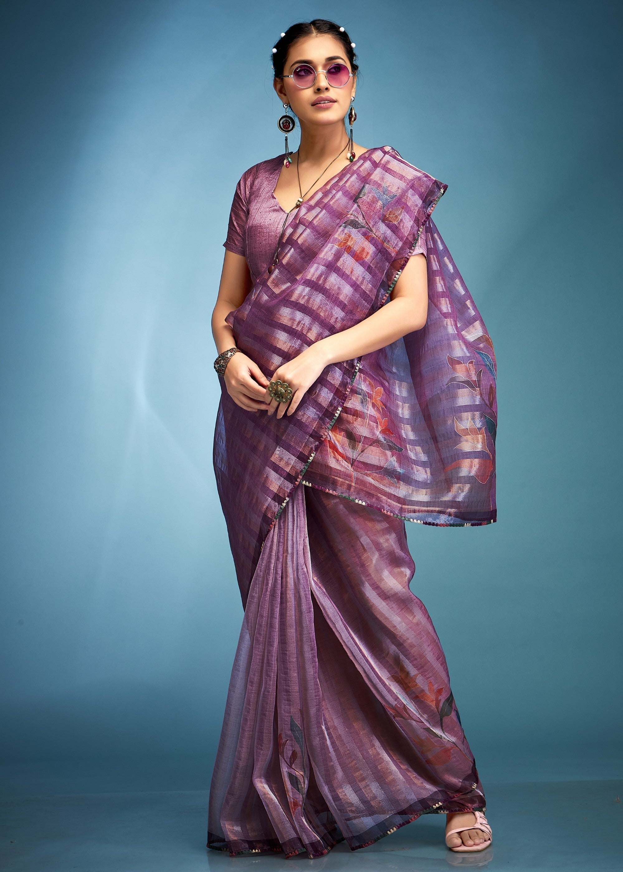 Electric Purple Tissue Silk Saree With Floral Print - qivii