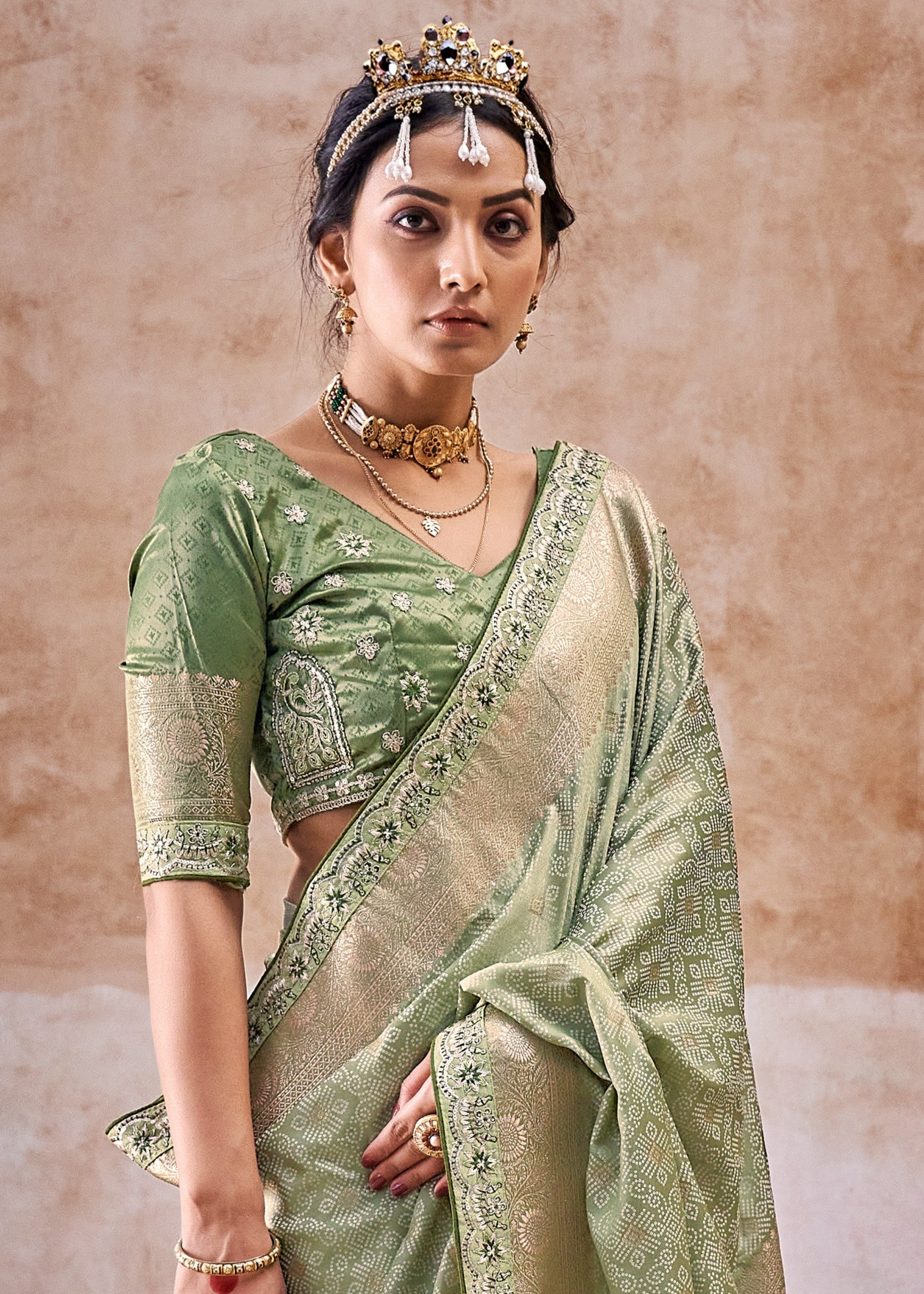 Sage Green Satin Silk Saree With Heavy Embroidery Lace & Blouse - qivii