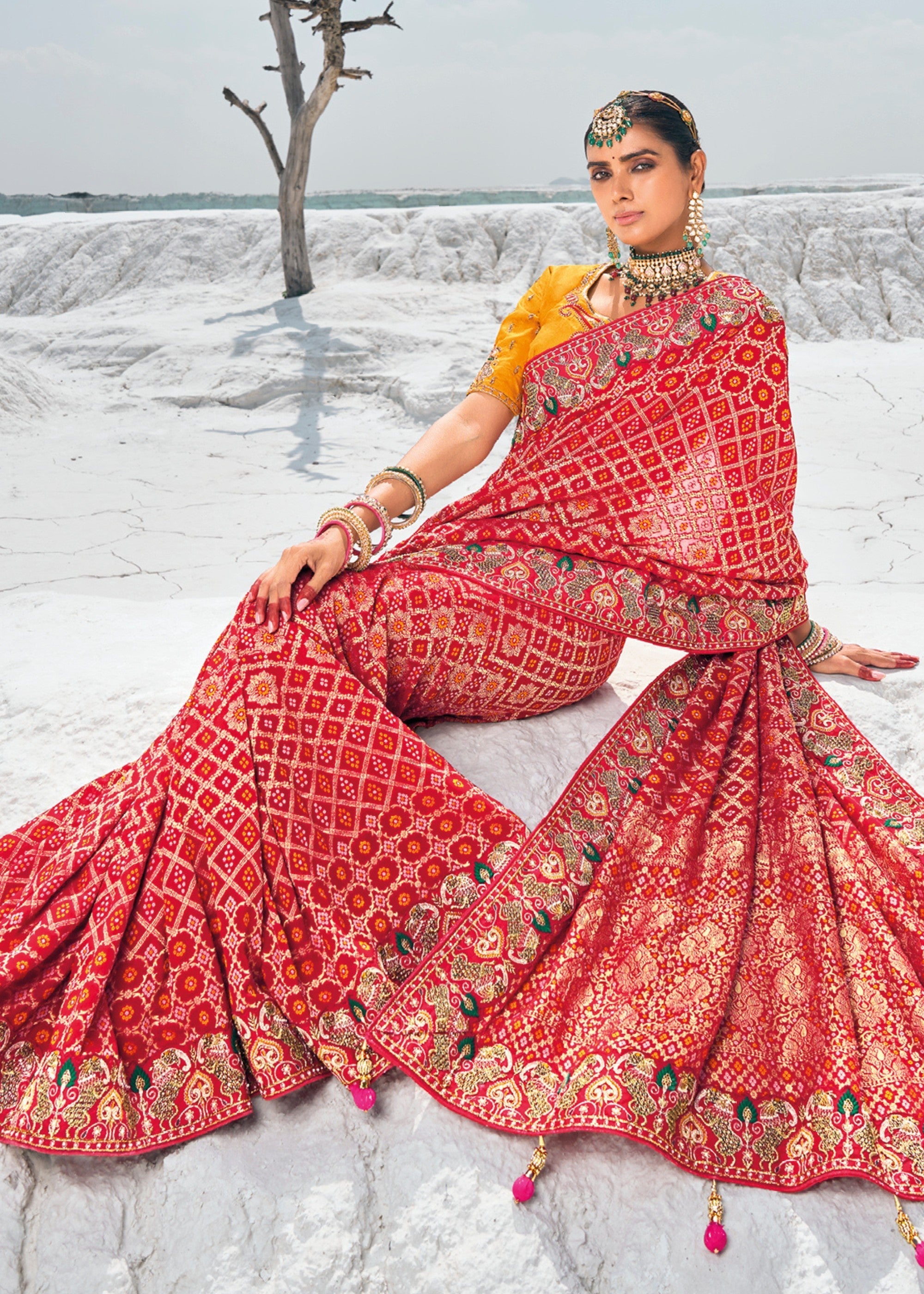 Crimson Red Pure Georgette Bandhani Patola With Zari Weaving Heavy Work Saree - qivii