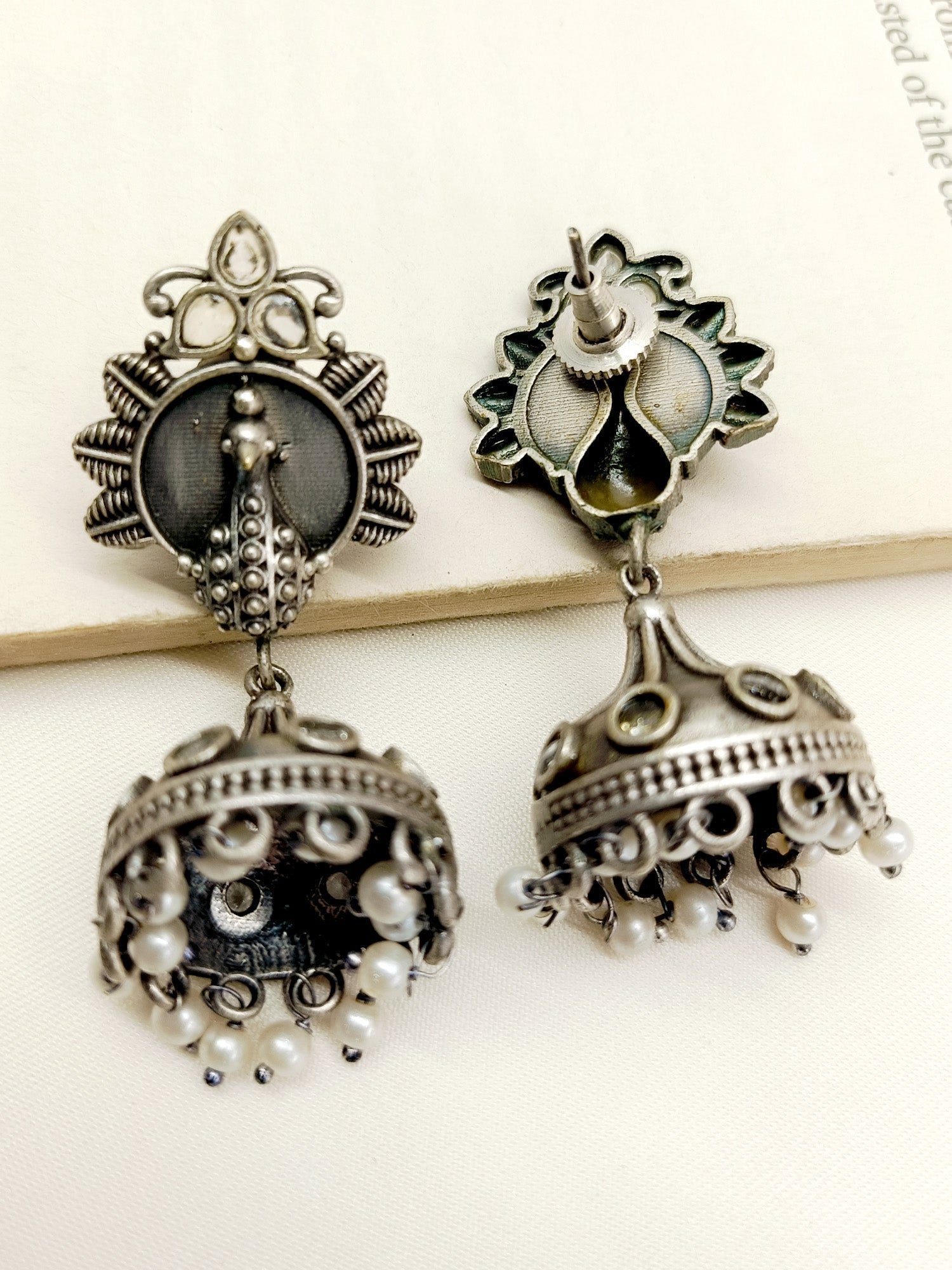 Tulsi White Peacock Oxidized Jhumki - qivii