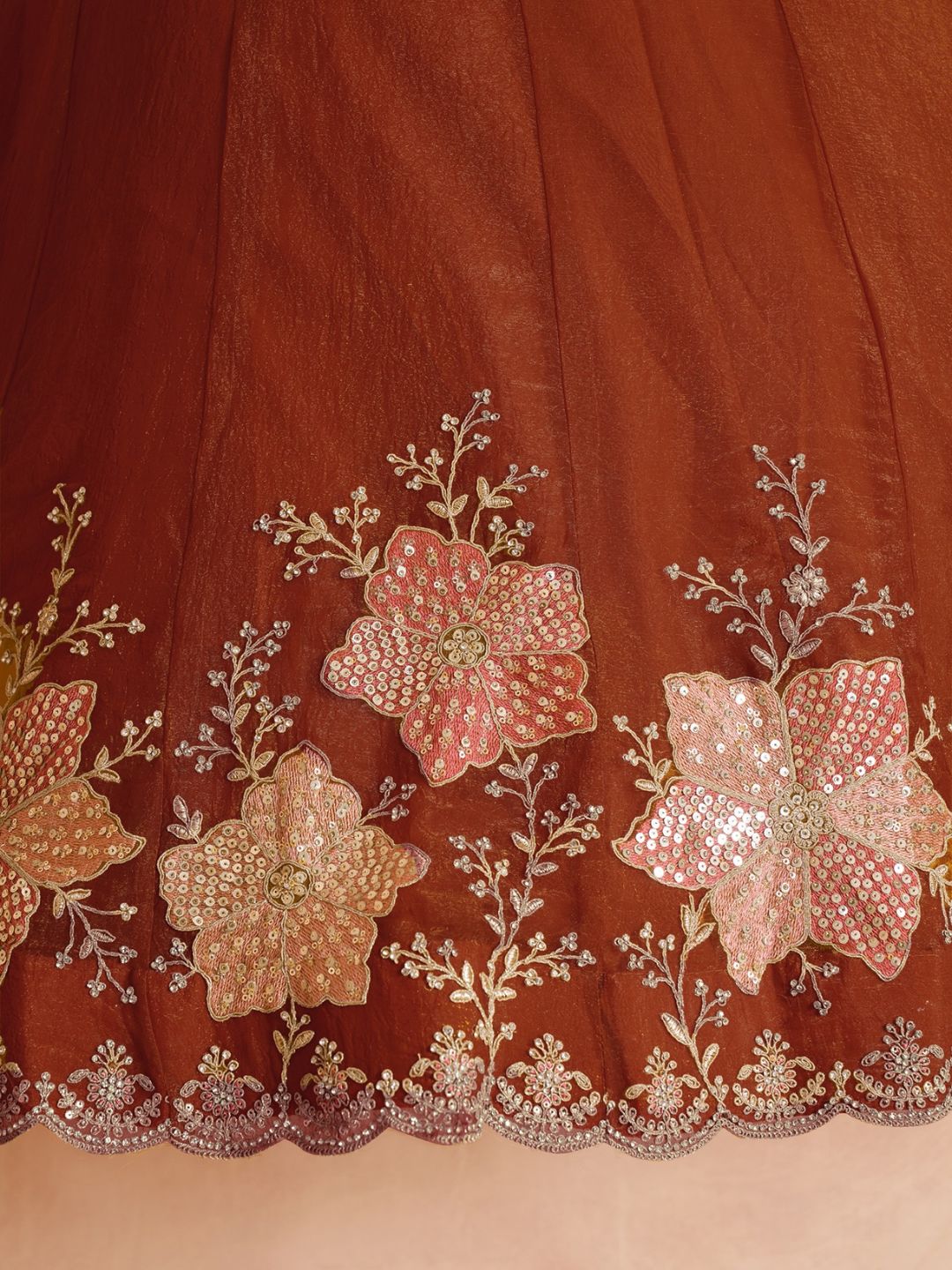 Rust Bridal Lehenga Choli with Intricate Bead and Sequins Embroidery
