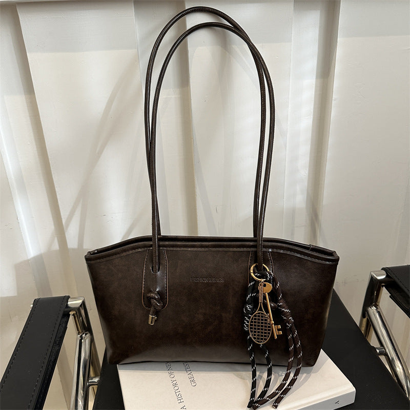Women's Vintage-Chic Oversized Tote - Commuter-Ready Shoulder Bag w/ Detachable Accent Charms, Grain-Textured Vegan Leather