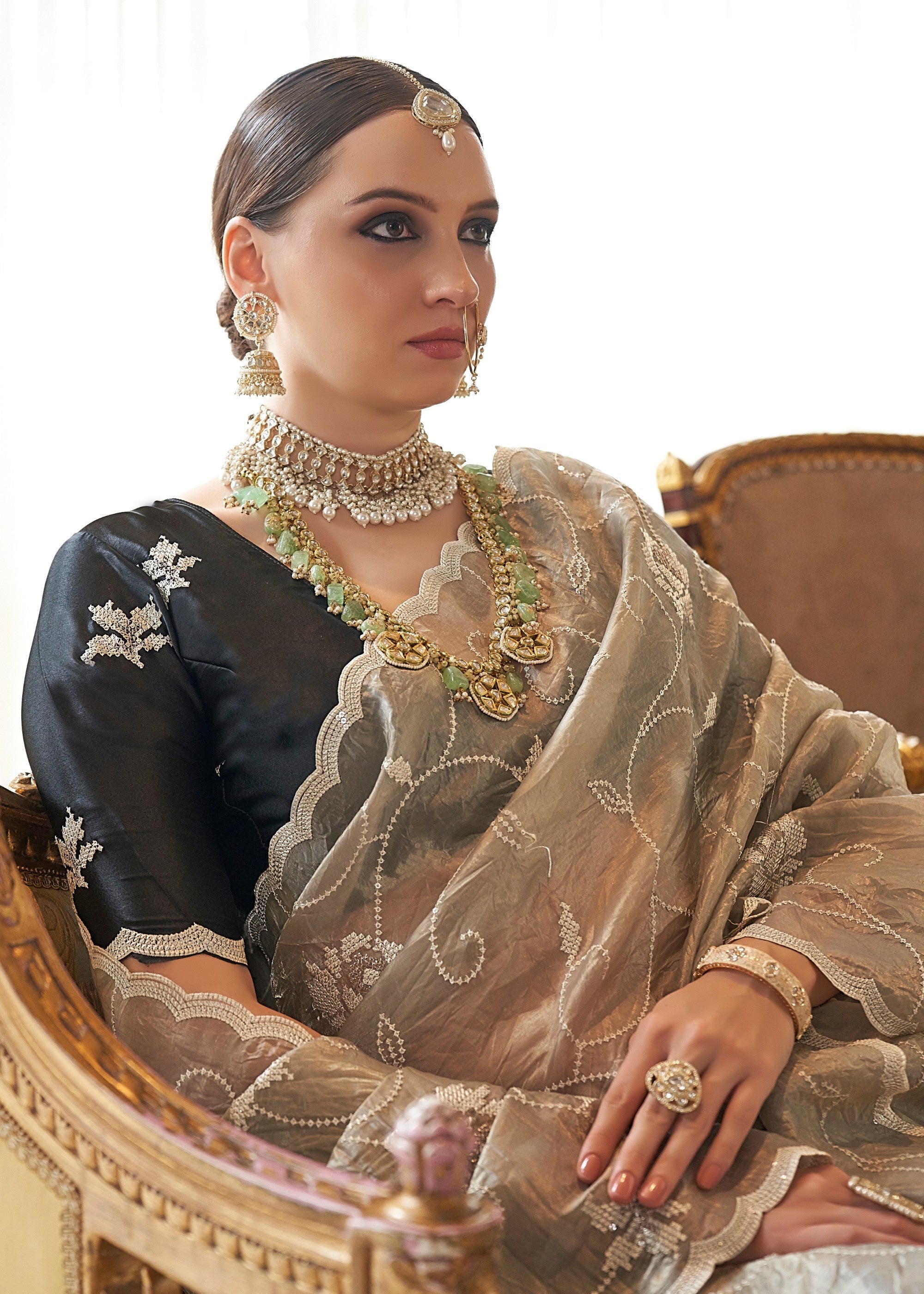 Midnight Black And Beige Fancy Tissue Saree With Unique Work And Designer Blouse - qivii