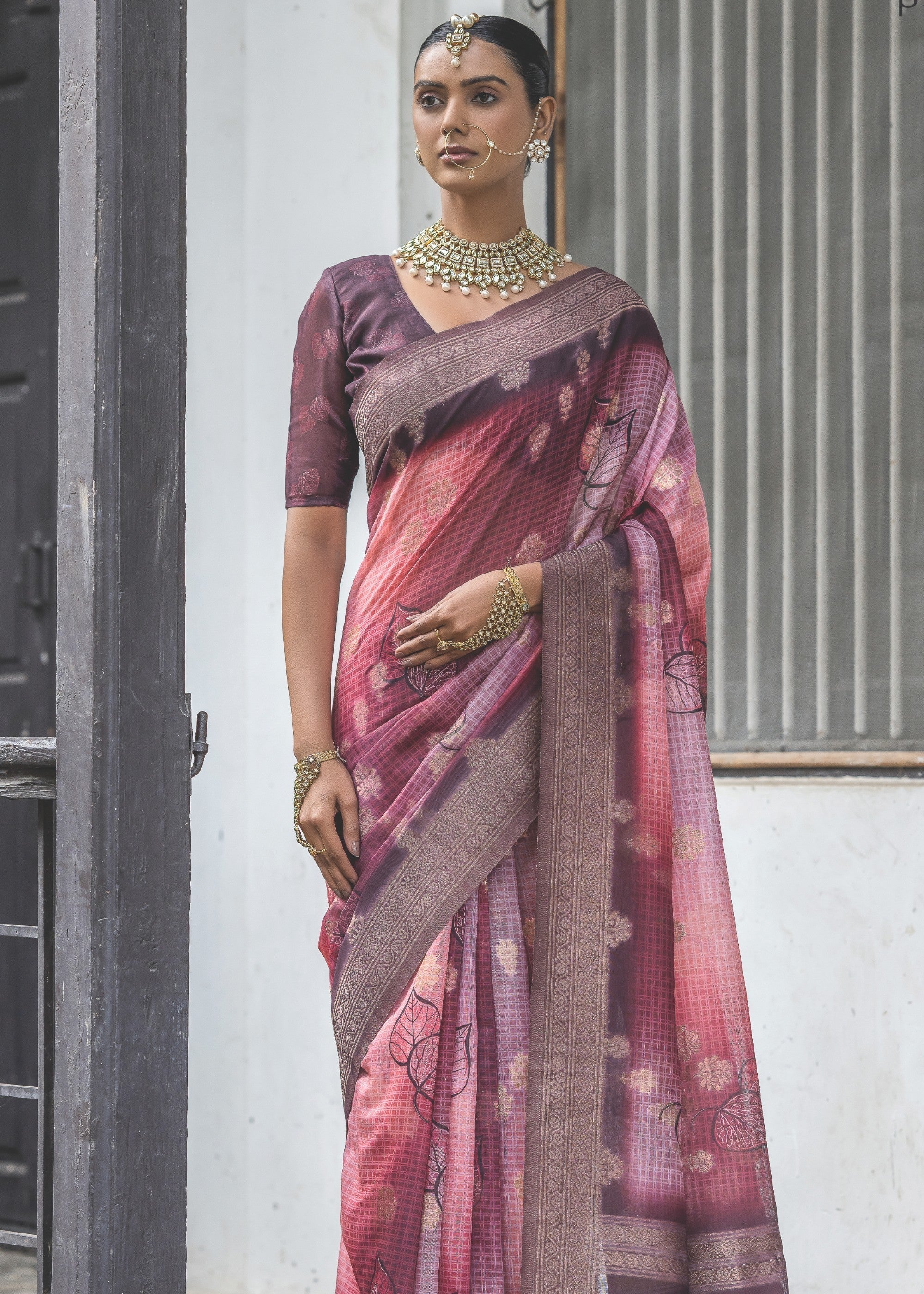 Red Violet Woven Silk Saree - qivii