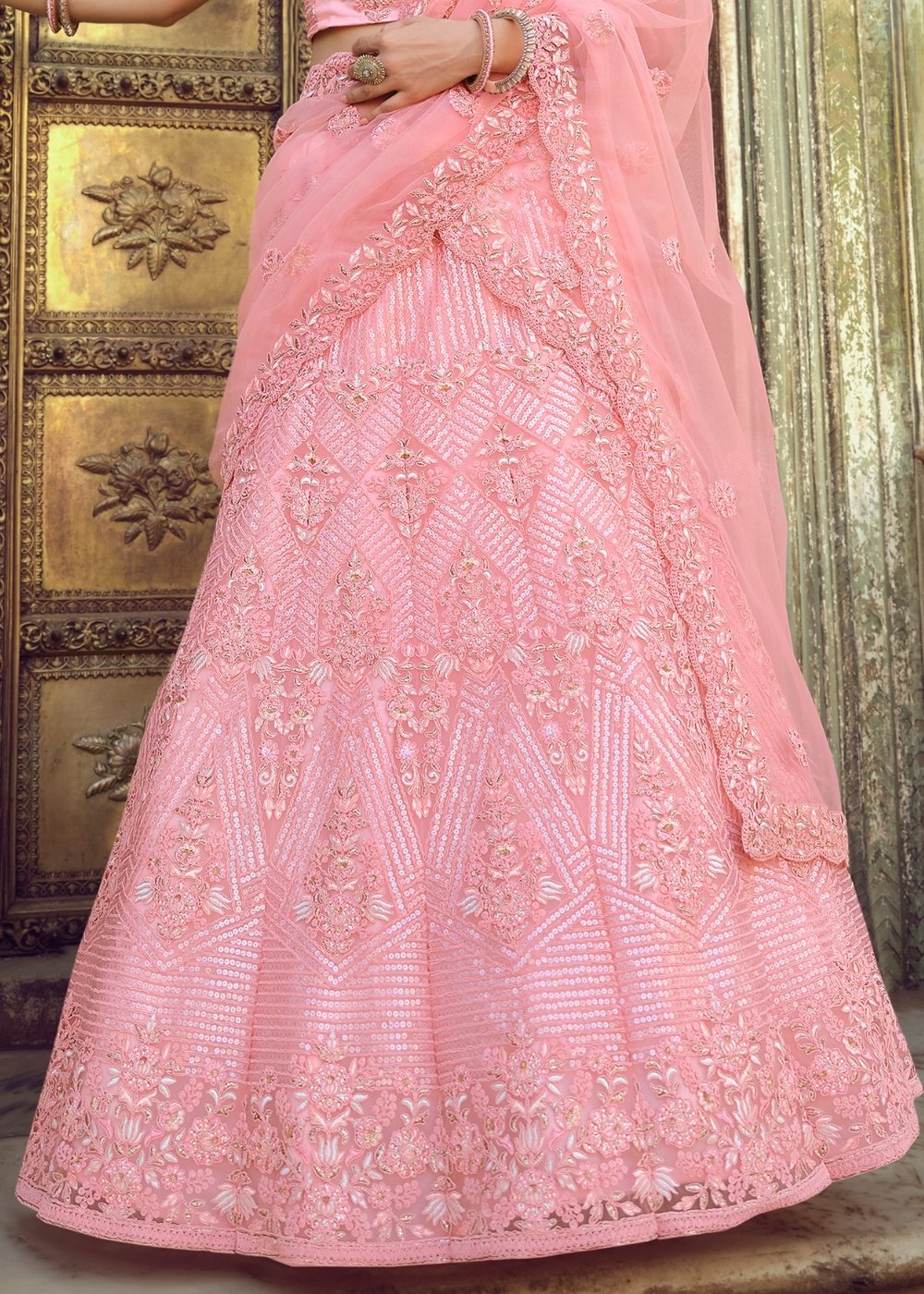 Creamy Pink Soft Net Lehenga Choli with Sequins, Thread, Zari & Dori work | Ready To Wear - qivii