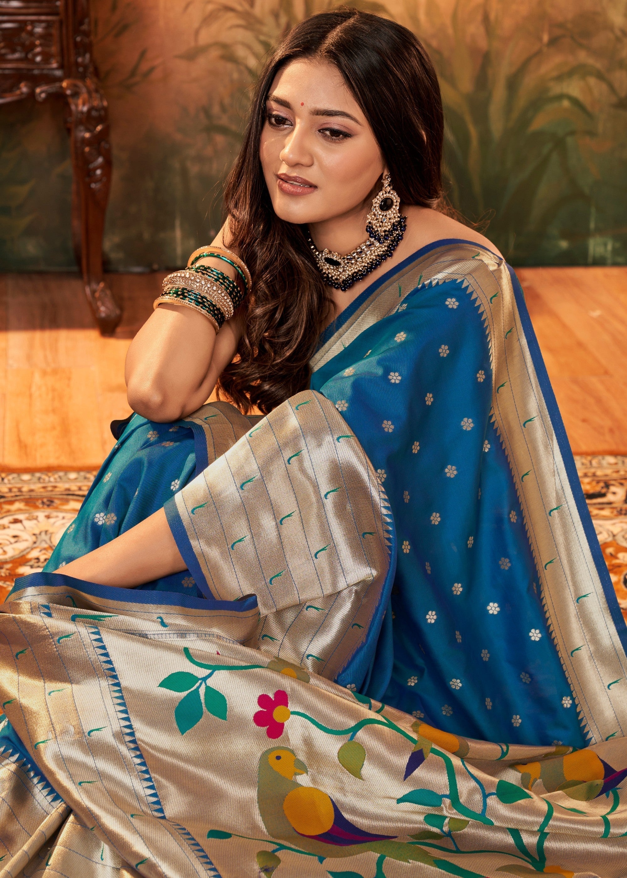 Dark Blue Paithani Silk Saree With Zari Weaving - qivii