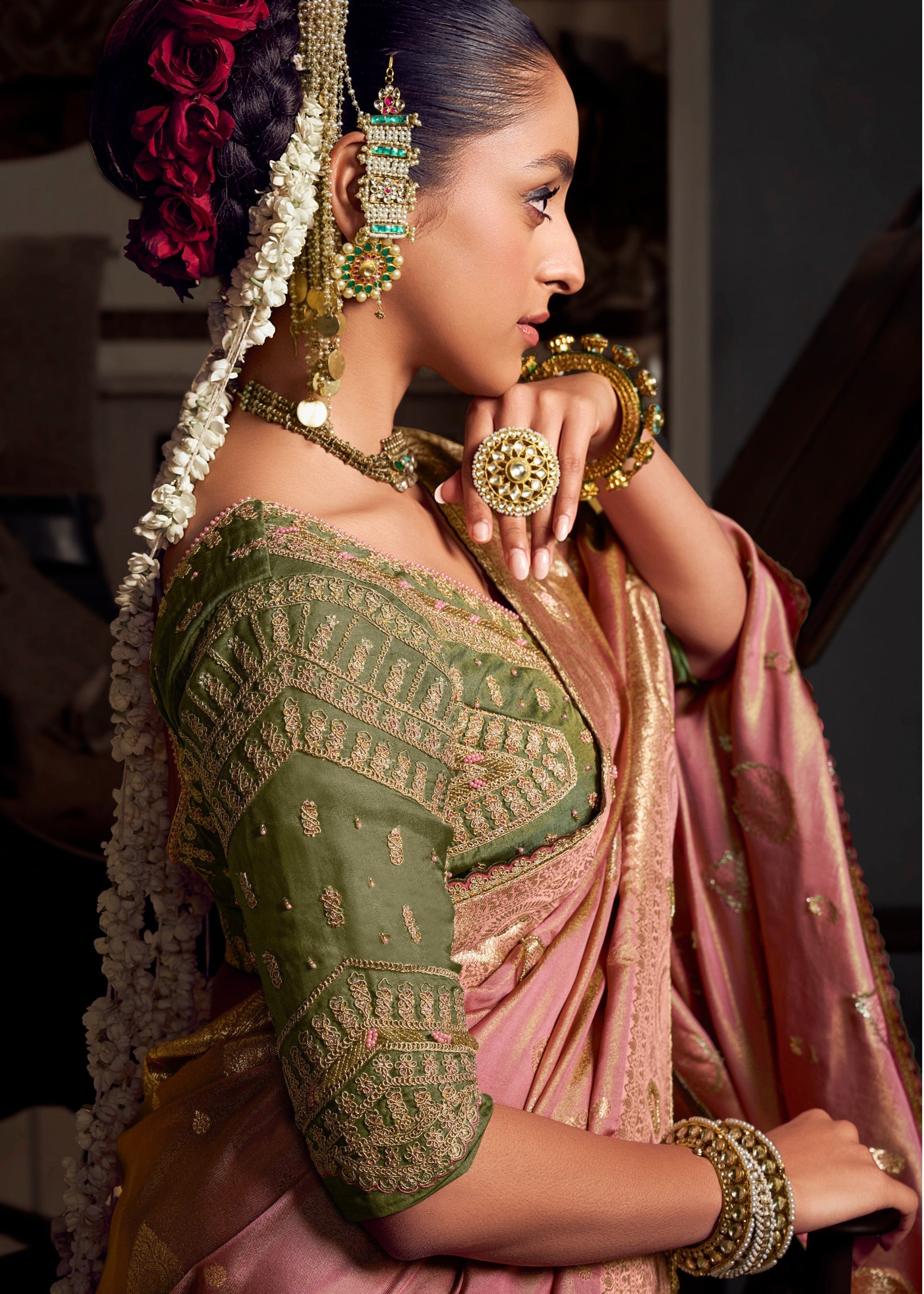 Shades of Pink Viscose Tissue Silk Saree with Handworked Pallu And Contrast Designer Blouse - qivii