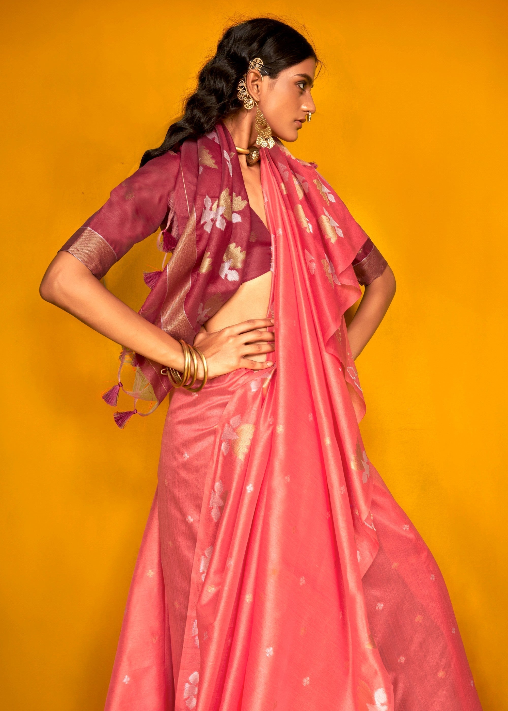 Peach Tussar Handloom Weaving Silk Saree - qivii