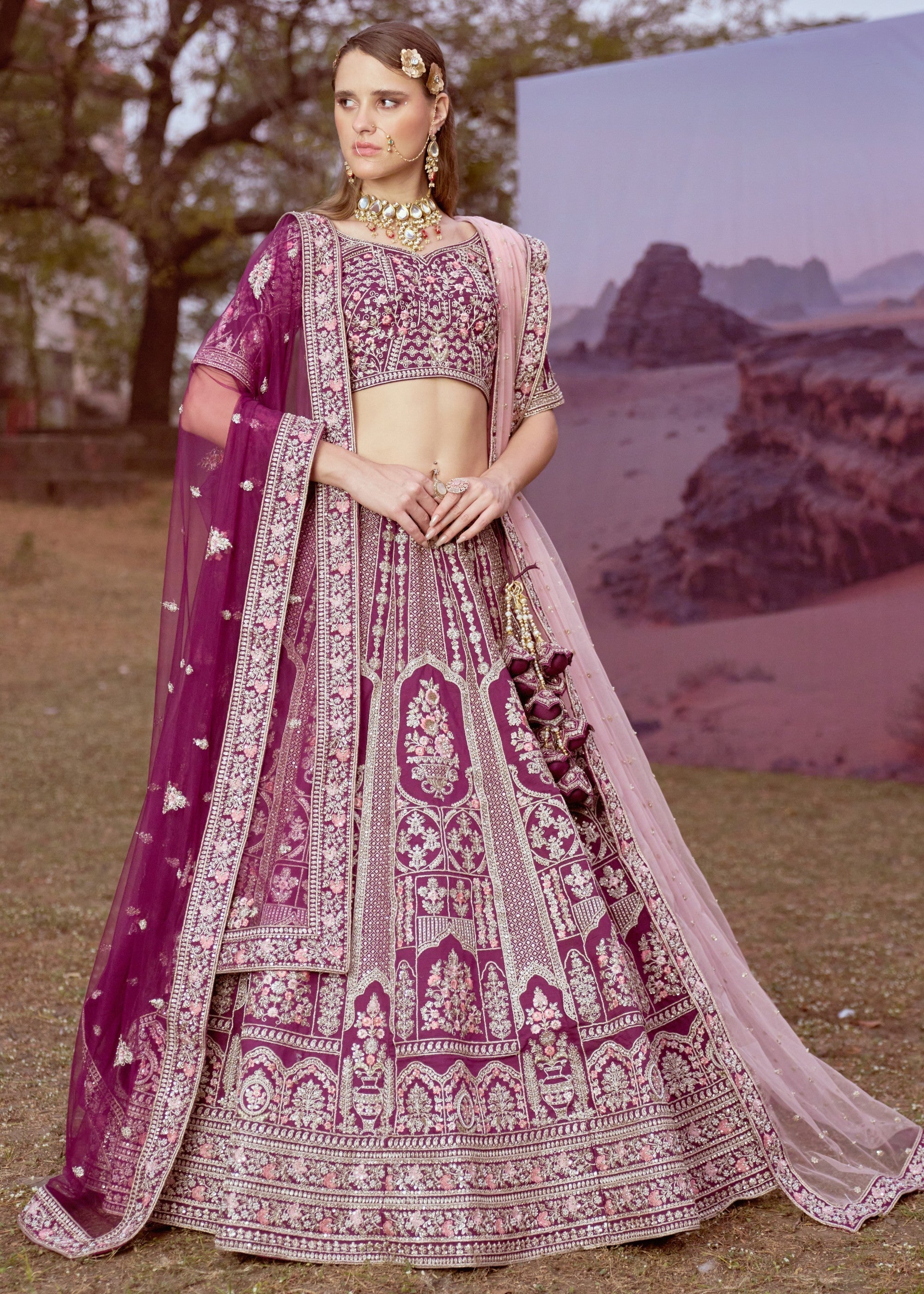 Purple Pure silk Moti, Sequins embroidery Bridal Lehenga | Ready To Wear - qivii