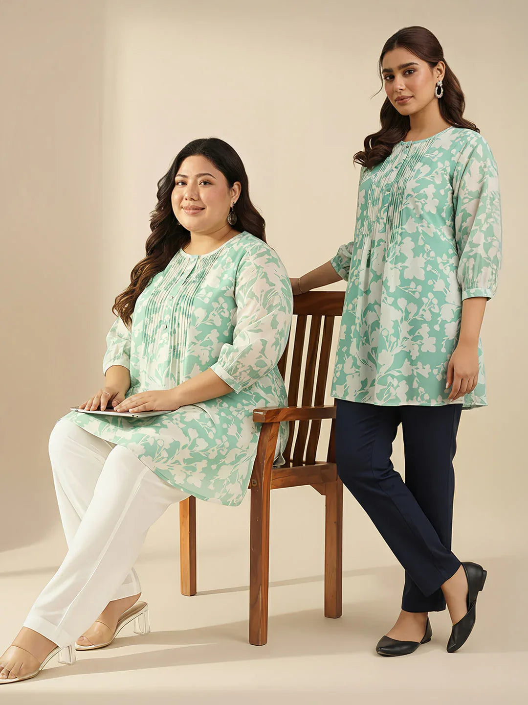 Green Georgette Floral Printed A-Line Tunic