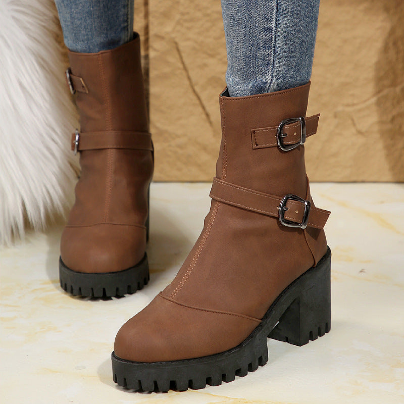 Women's Orvessa ankle boots by Bootara with double buckles, round toe, 6.5 cm block heel, and lug sole in US sizes 5-10.5.