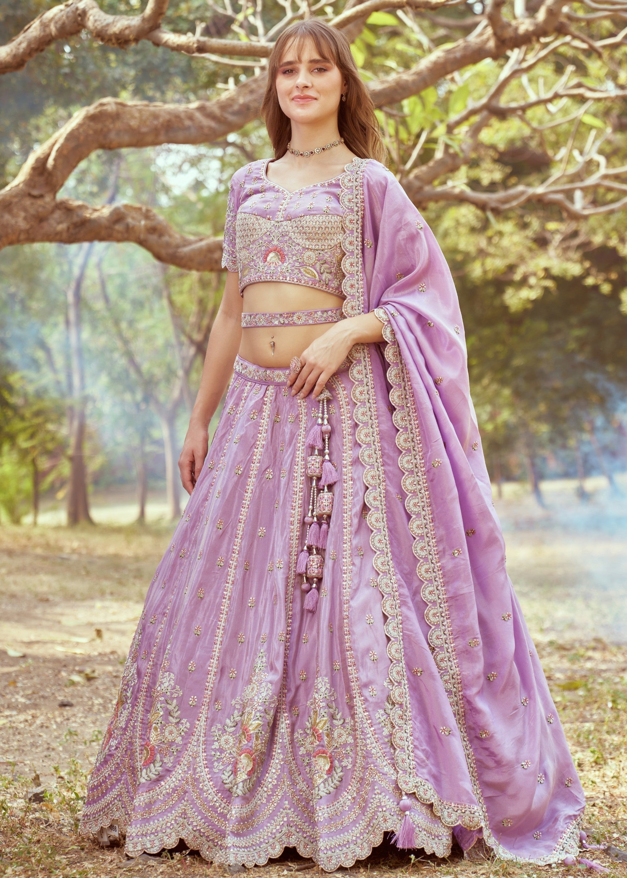 Lavender Gold crushed Tissue Fabric Moti, Zari work Lehenga | Ready To Wear - qivii