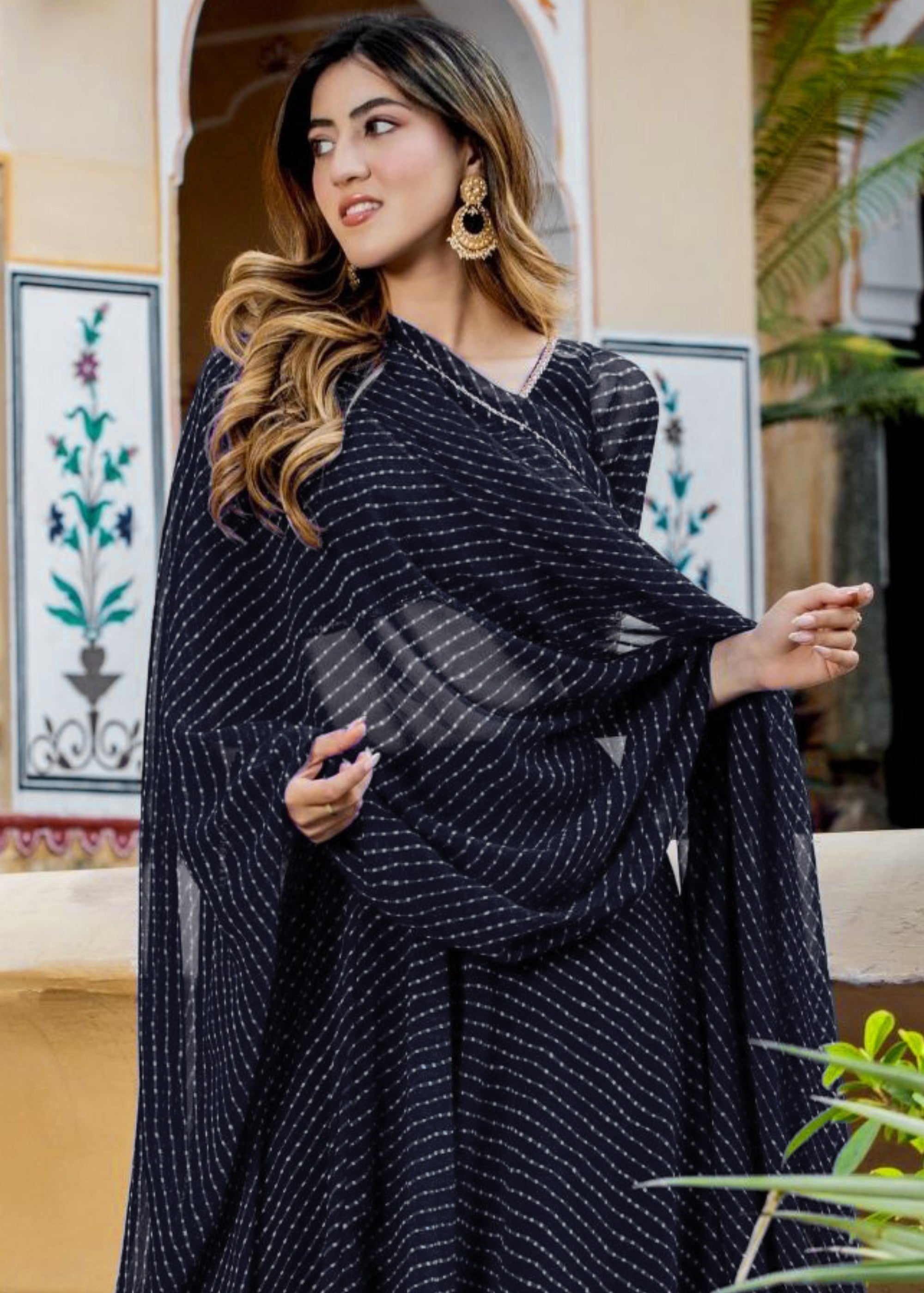 Onxy Black Georgette Leheriya Print Lehenga With Zari And Lace Work | Ready To Wear - qivii