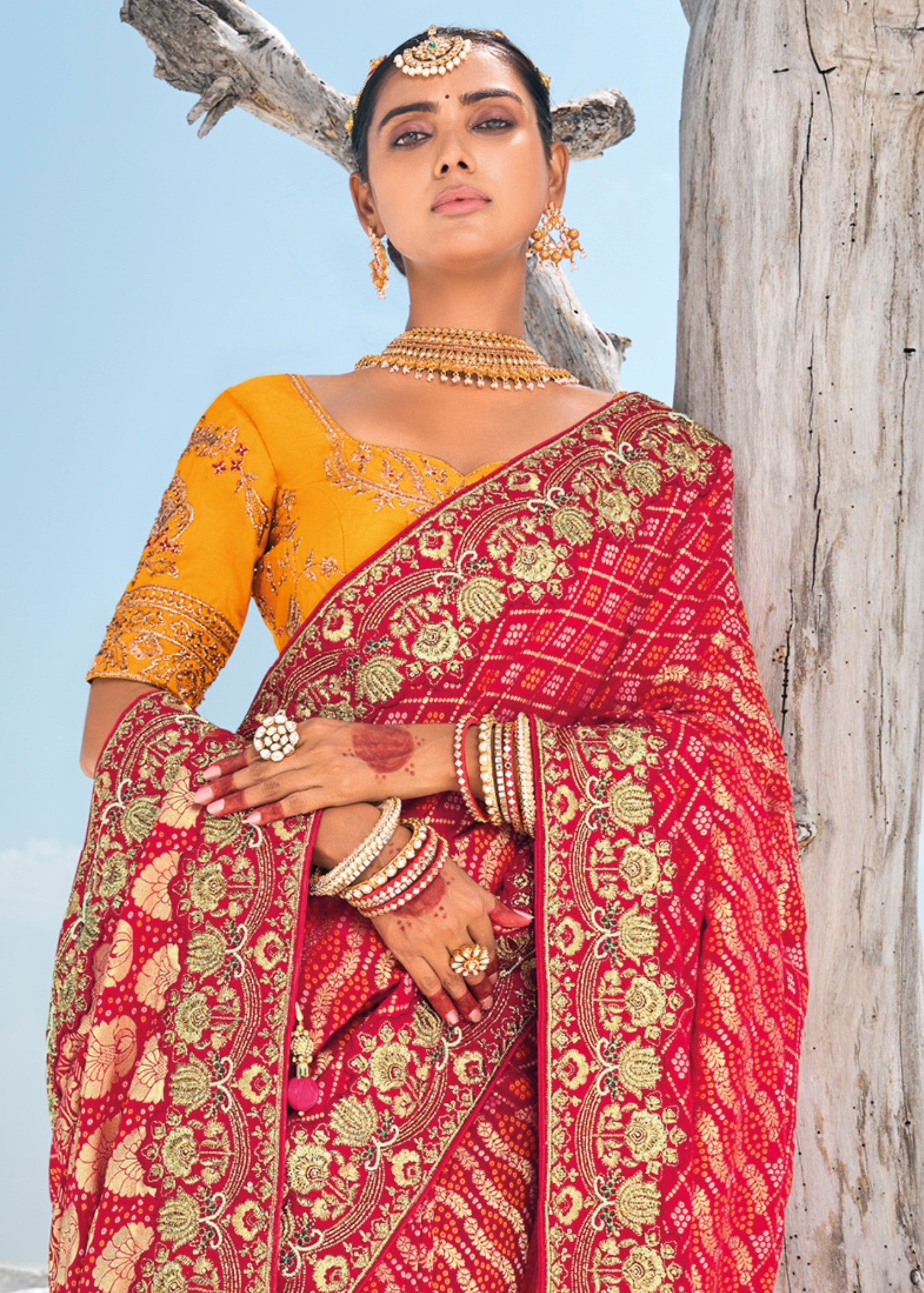 Cherry Red Pure Georgette Bandhani Patola With Zari Weaving Heavy Work Saree - qivii