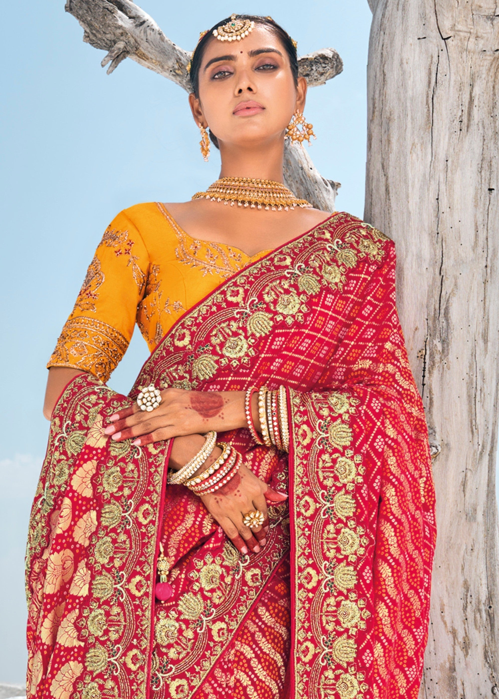 Cherry Red Pure Georgette Bandhani Patola With Zari Weaving Heavy Work Saree - qivii