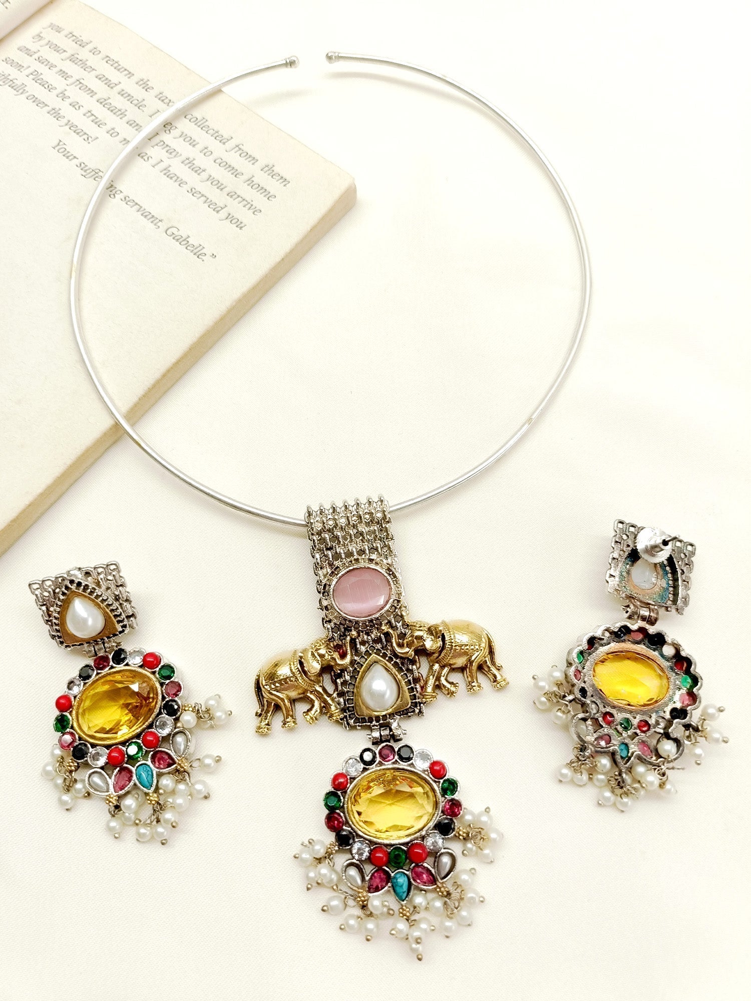 Vasu Multi Colour Elephant Oxidized Hasli Style Necklace Set - qivii