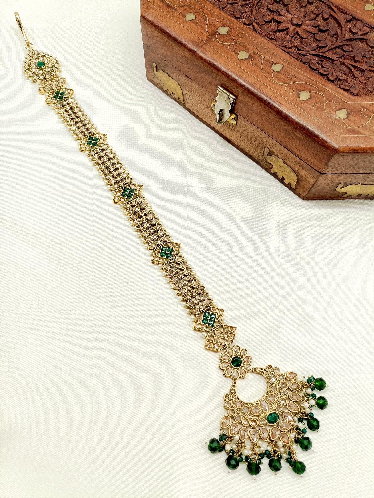 Deepanshi Green Braid Accessories In Polki - qivii