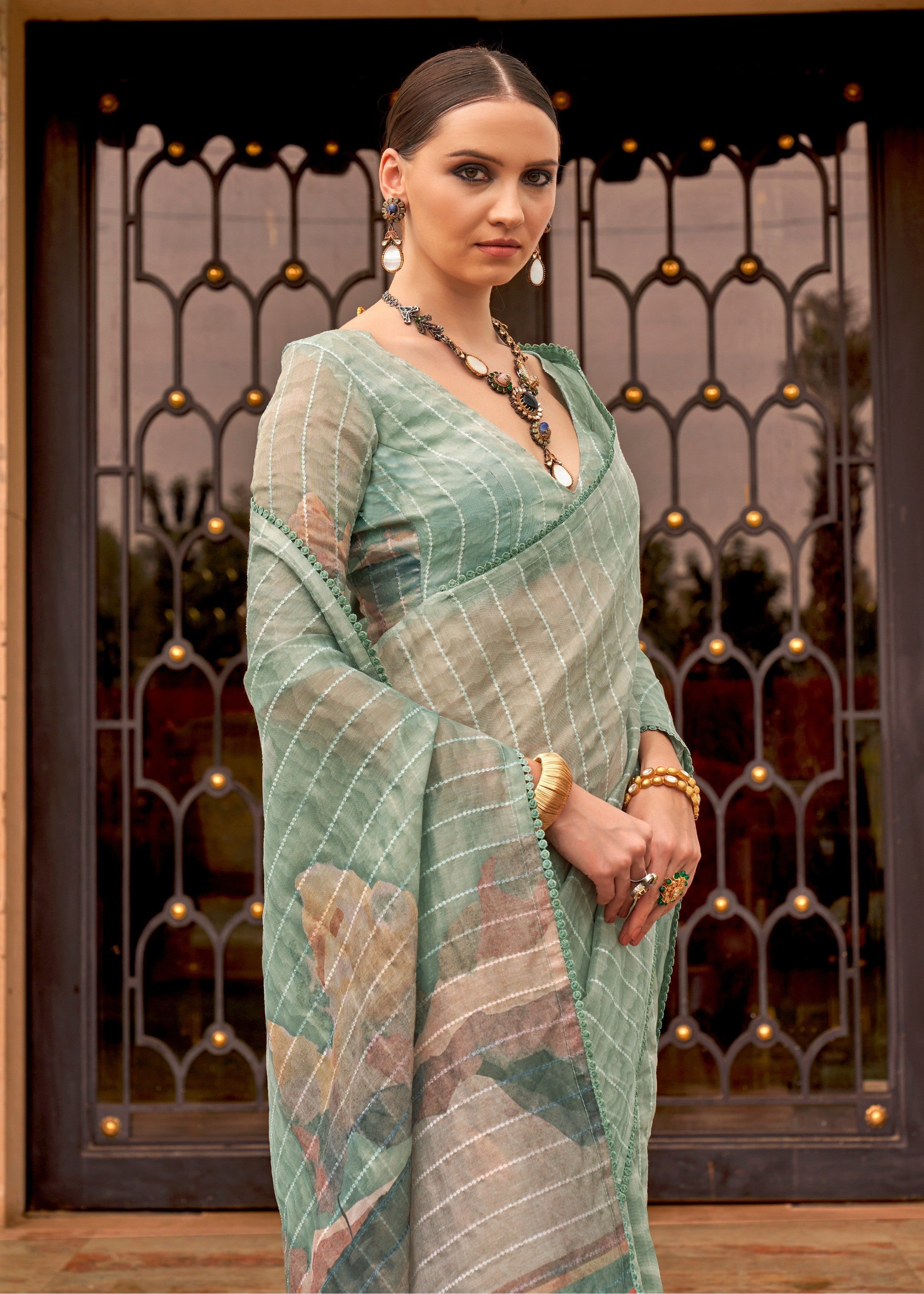 Mint Green Pure Tissue Silk Saree - qivii