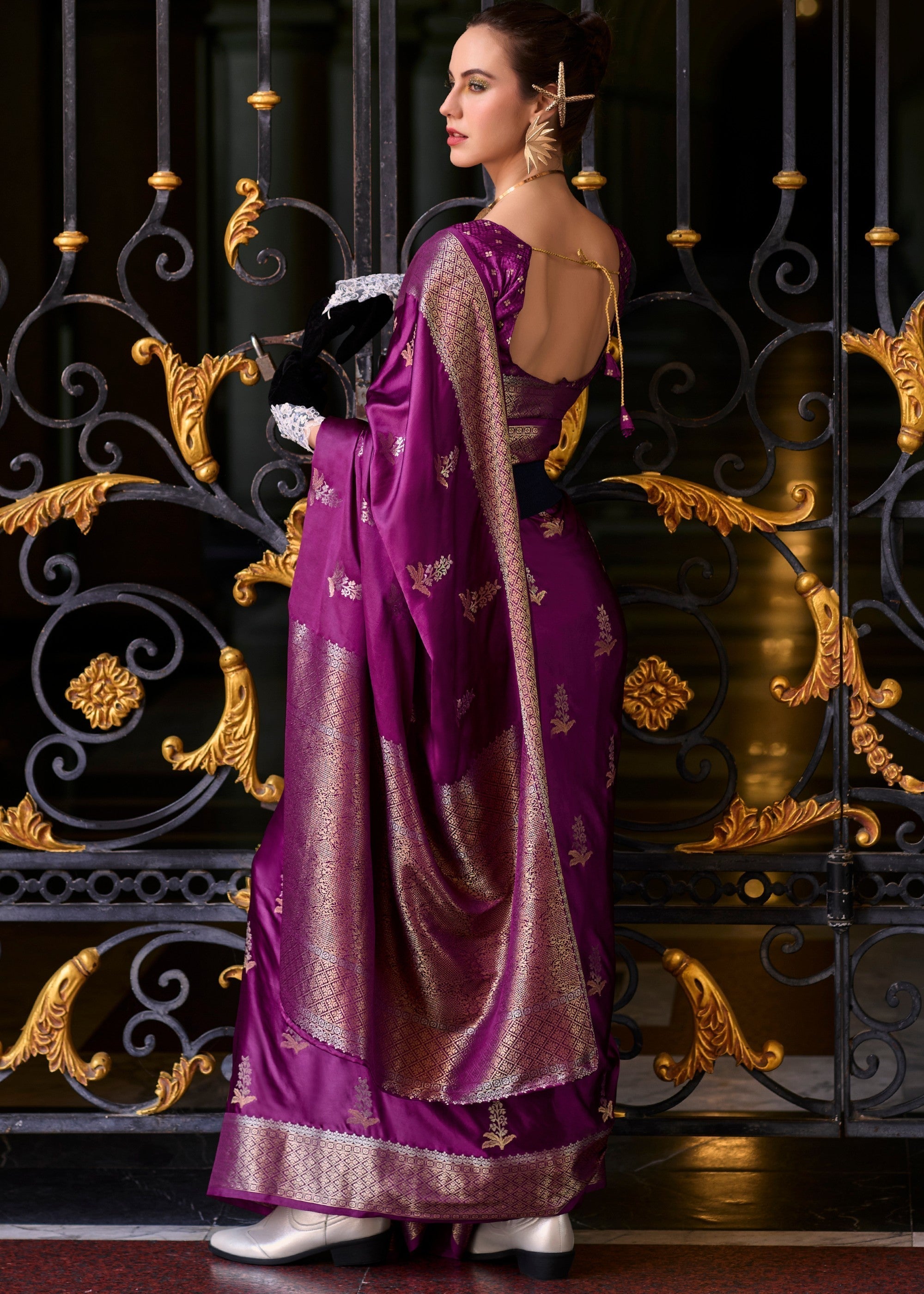 Irish Purple Satin Mungha Silk Saree - qivii