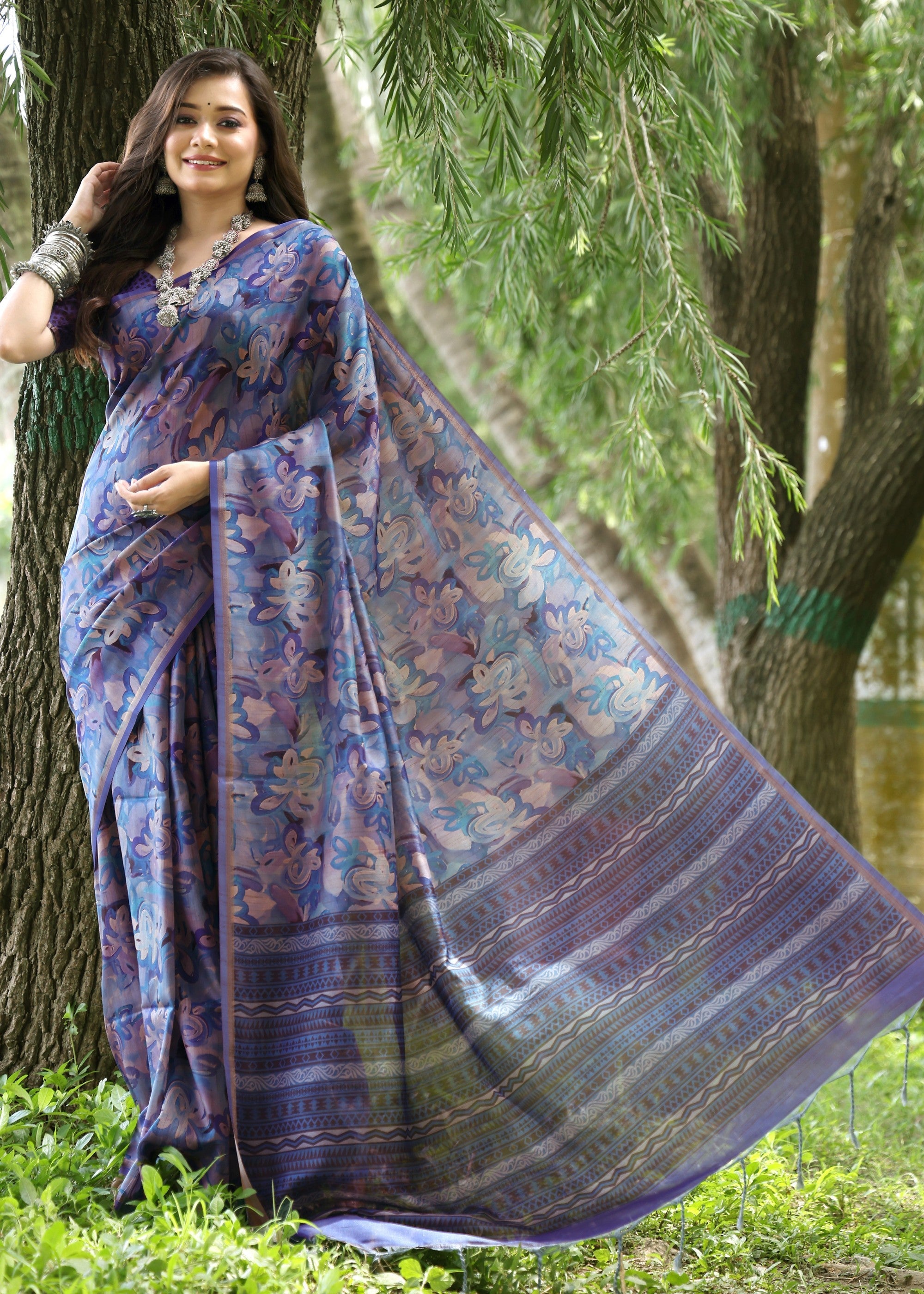 Blue Flower Printed Design Cotton Silk Saree With Printed Pallu - qivii