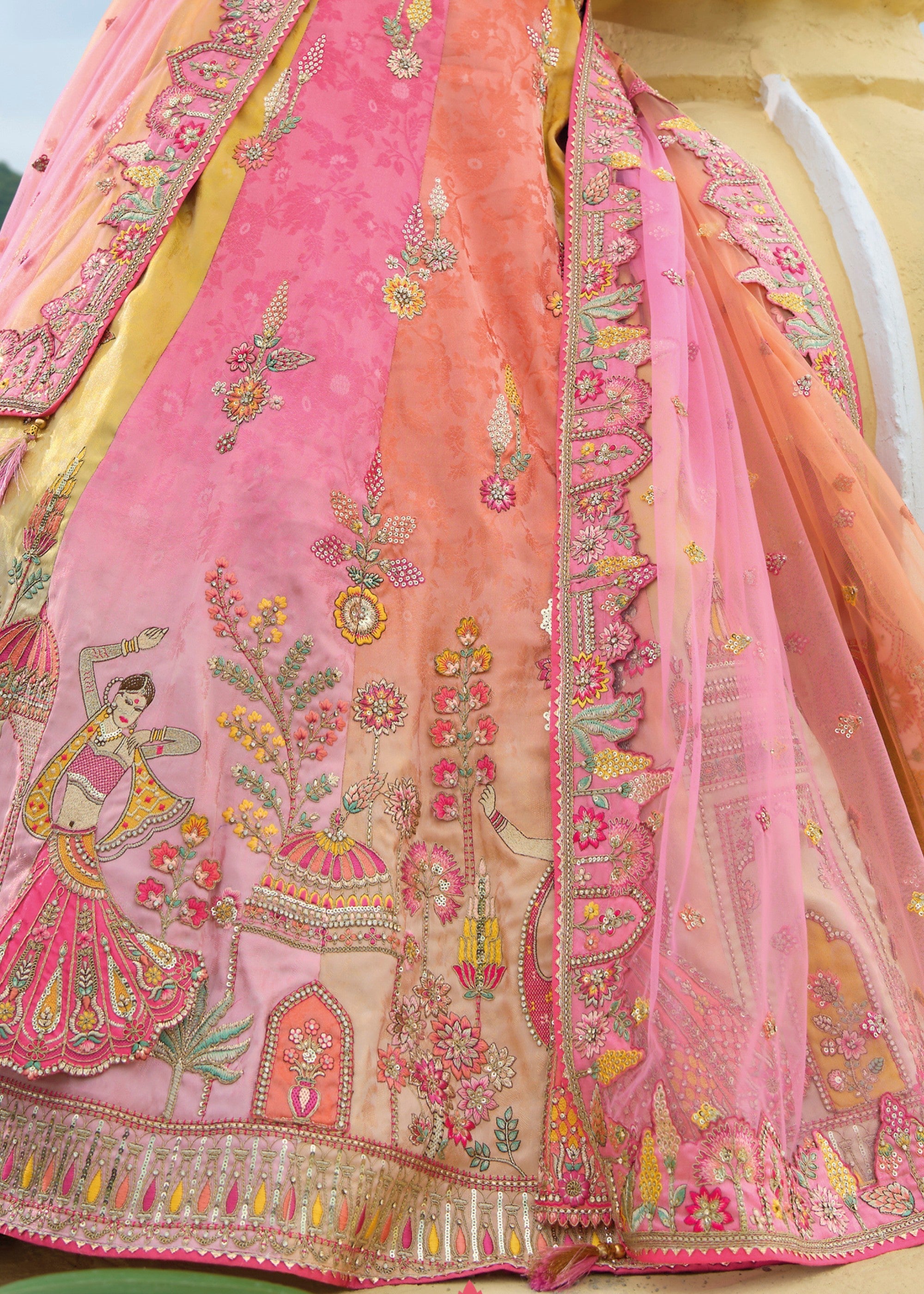 Multicolored Banarasi Silk Lehenga With Heavy Embroidery Work | Ready To Wear - qivii