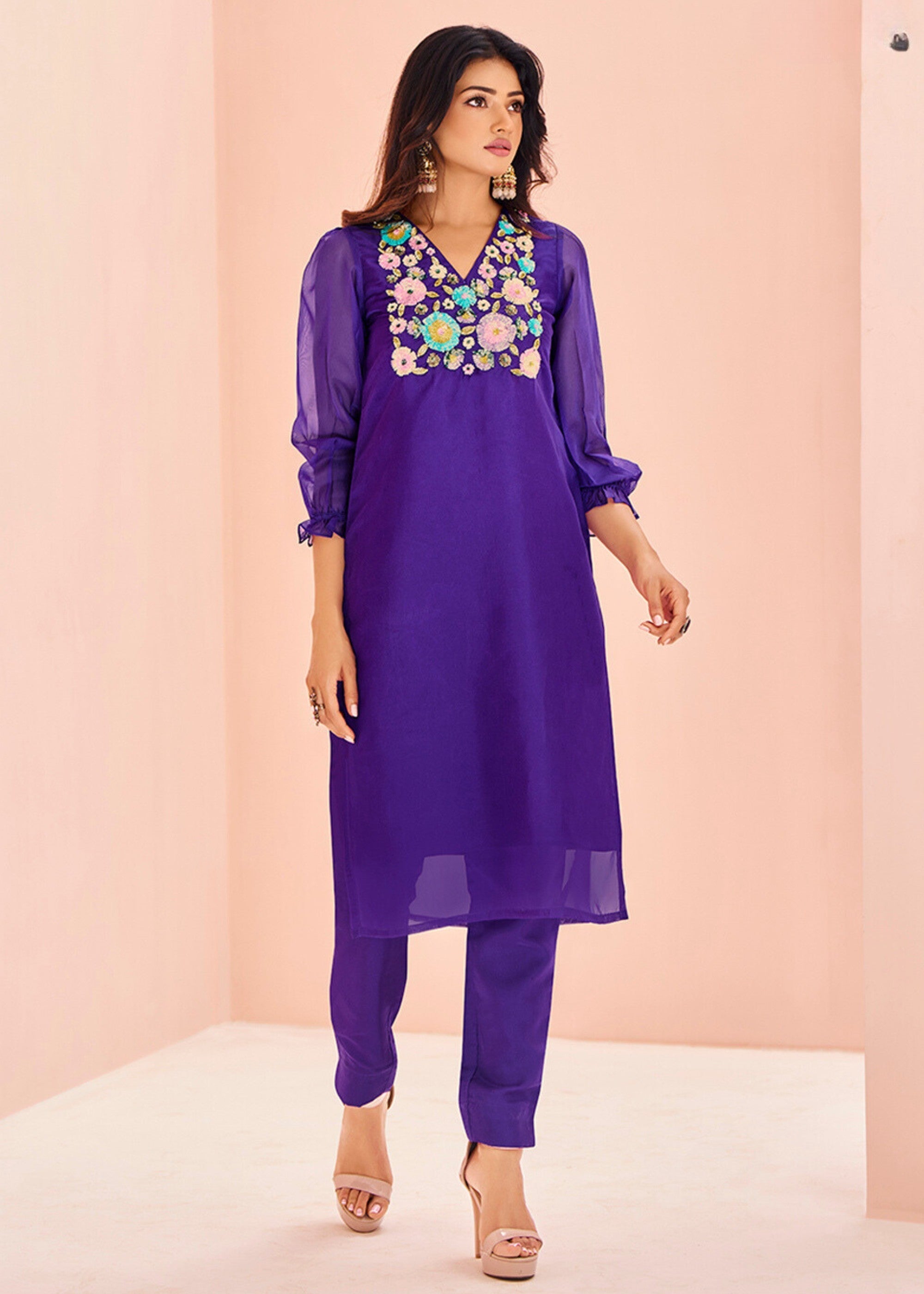 Vibrant Purple Organza Handwork Kurta with Pant - qivii