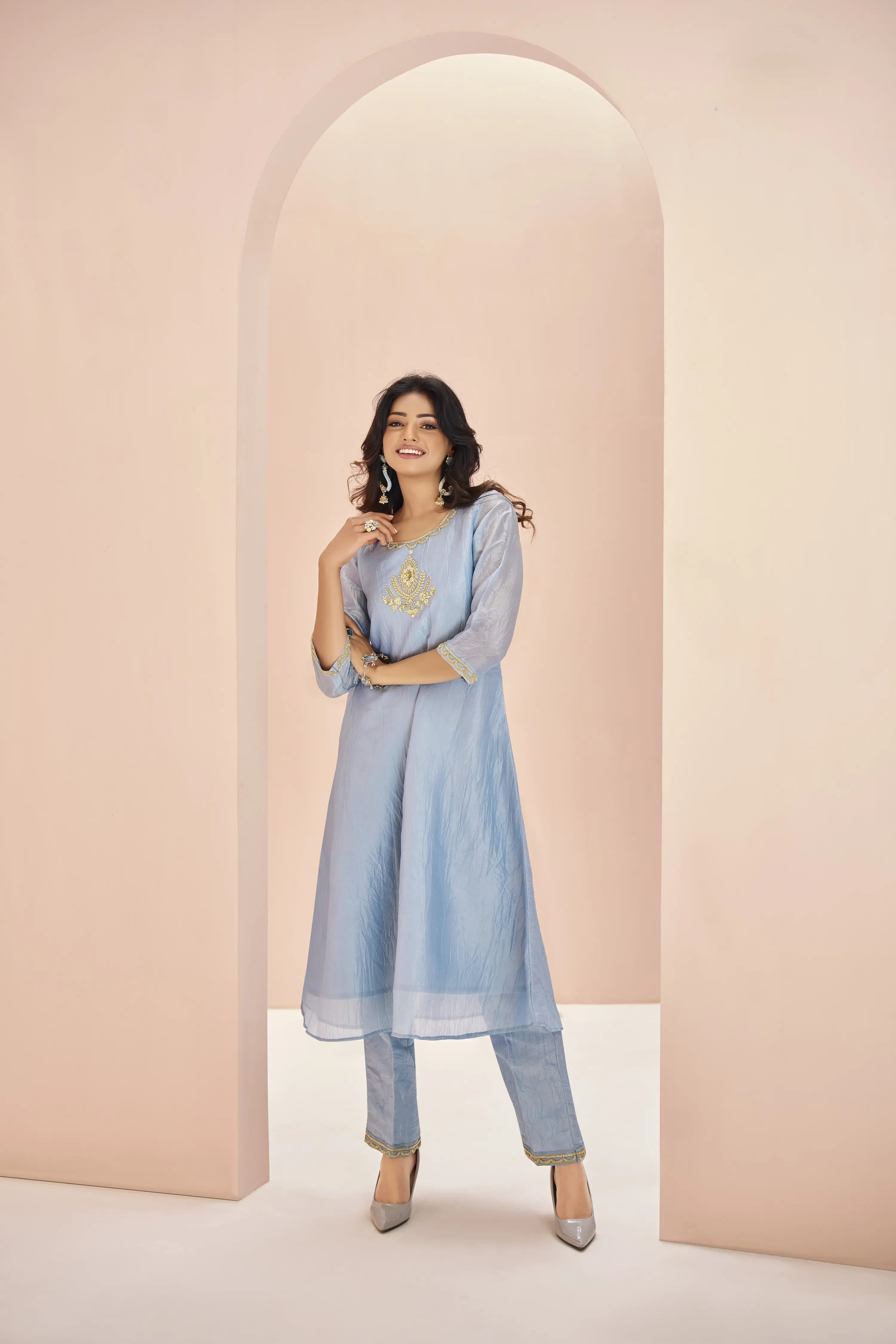 Teal Blue Organza Salwar Suit - qivii