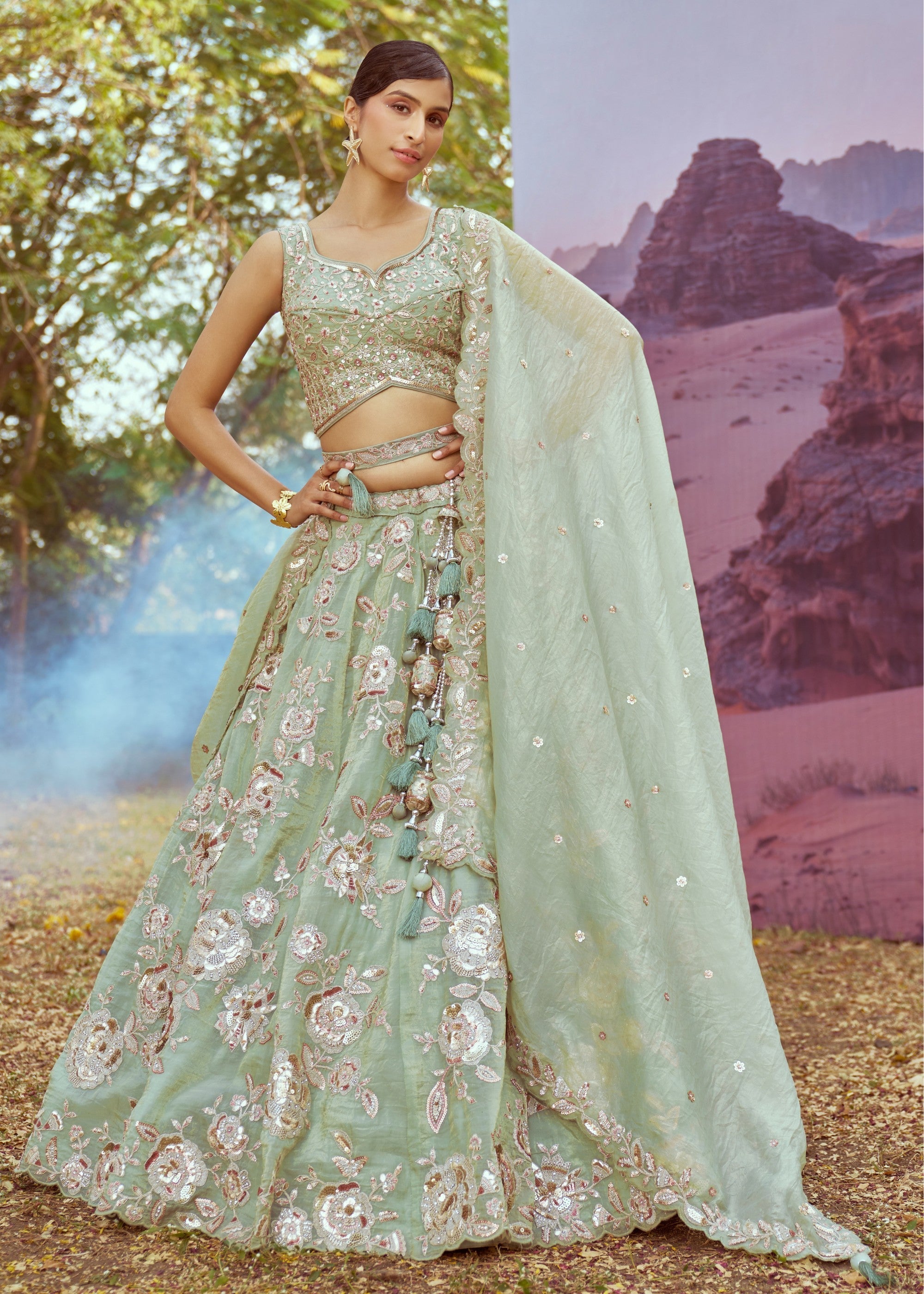 Lime Green Organza Sequins embroidery Lehenga | Ready To Wear - qivii