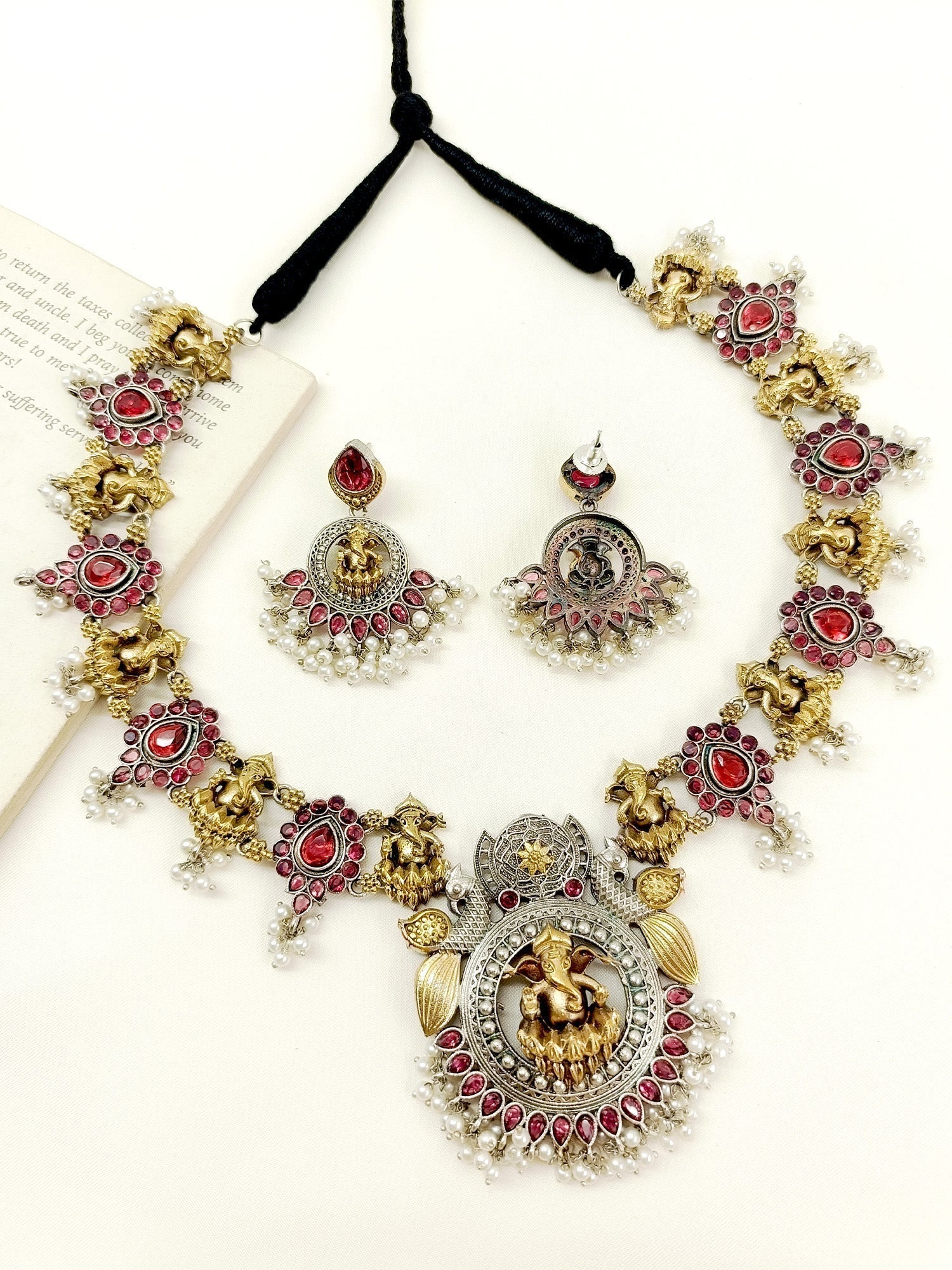 Anavya Ruby Ganesh Ji Oxidized Necklace Set - qivii