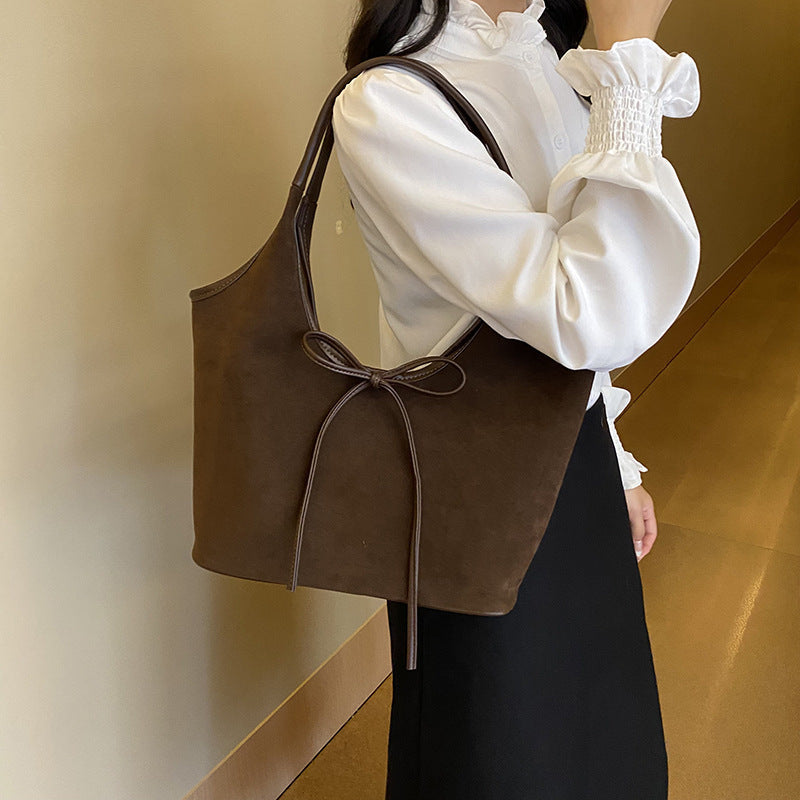 Women's Vintage Matte Tote Bag – Oversized Bow-Accent Shoulder Bag with Crossbody Strap